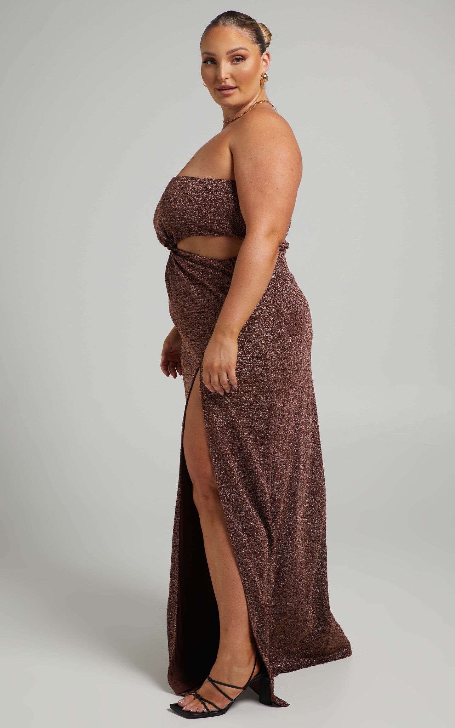 Ariane Cut Out Strapless Maxi Dress with Leg Split in Copper