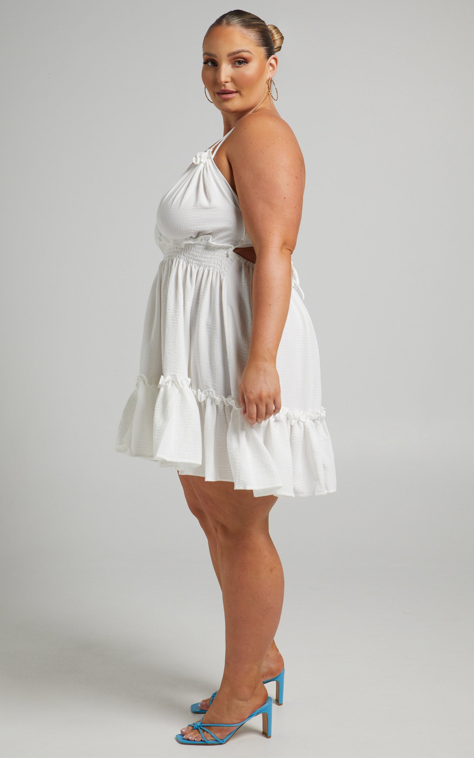 Megan V Neck Tie Back Mini Dress in White