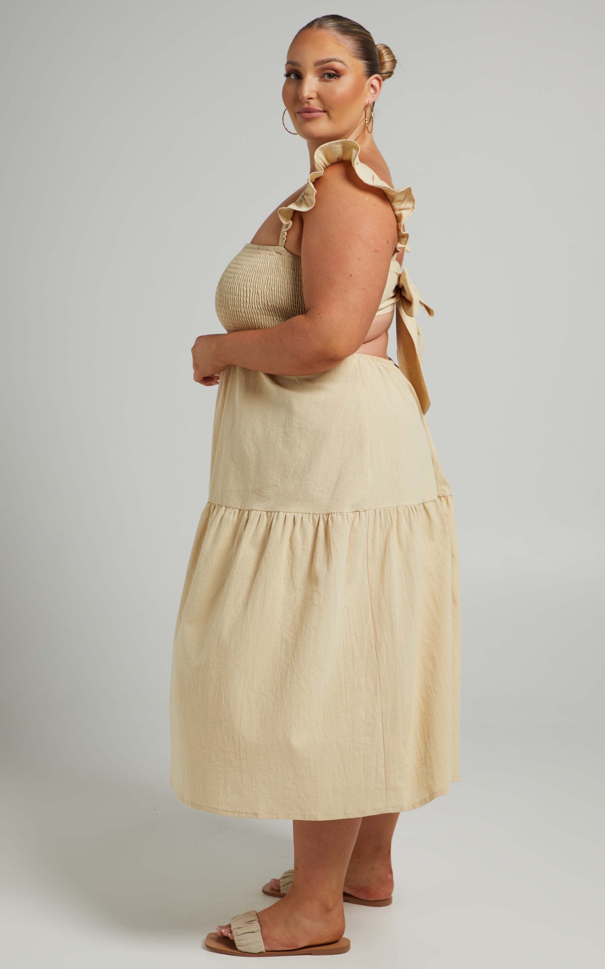 Angela Shirred Bodice Frill Strap Midi Dress in Cream