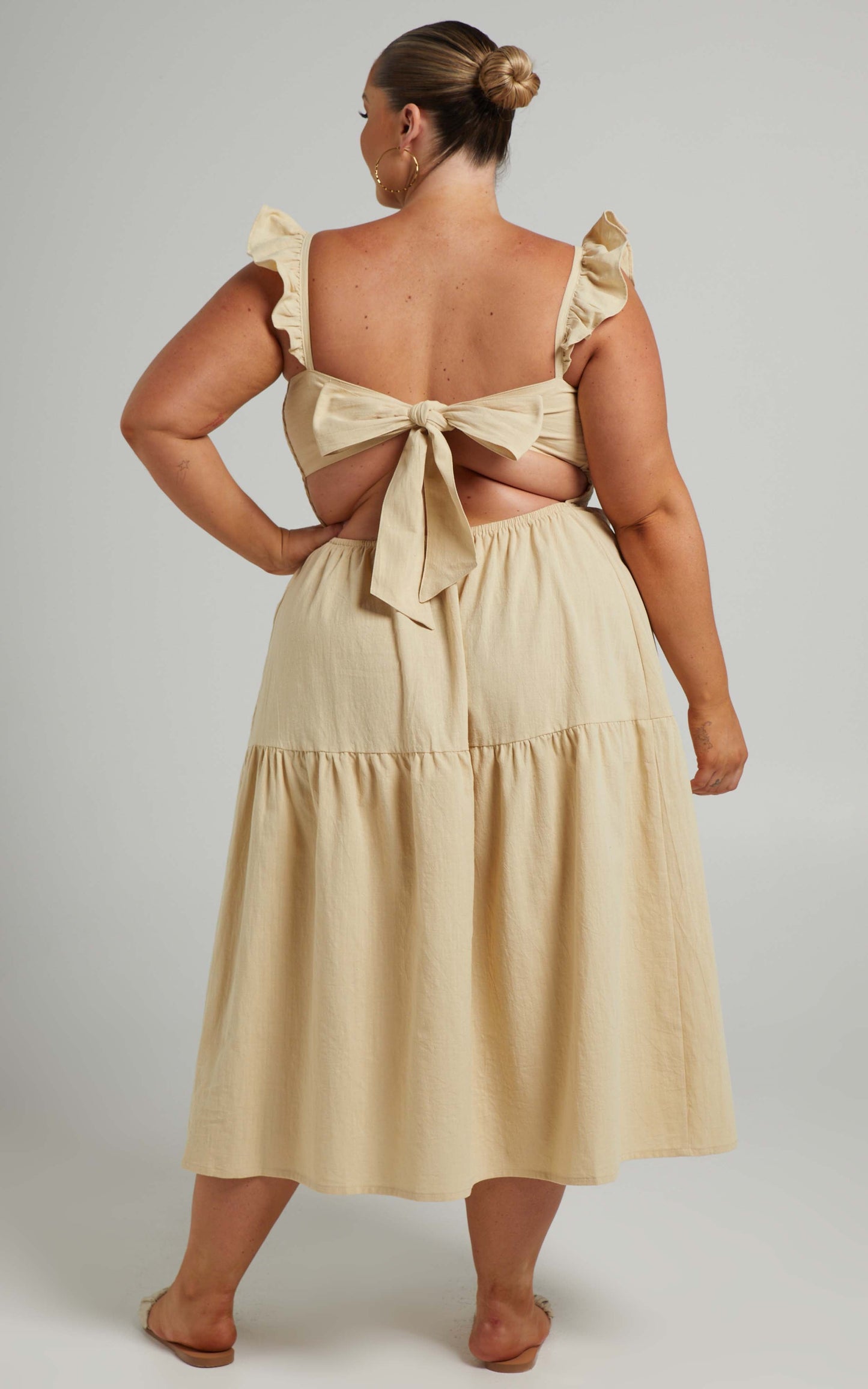 Angela Shirred Bodice Frill Strap Midi Dress in Cream
