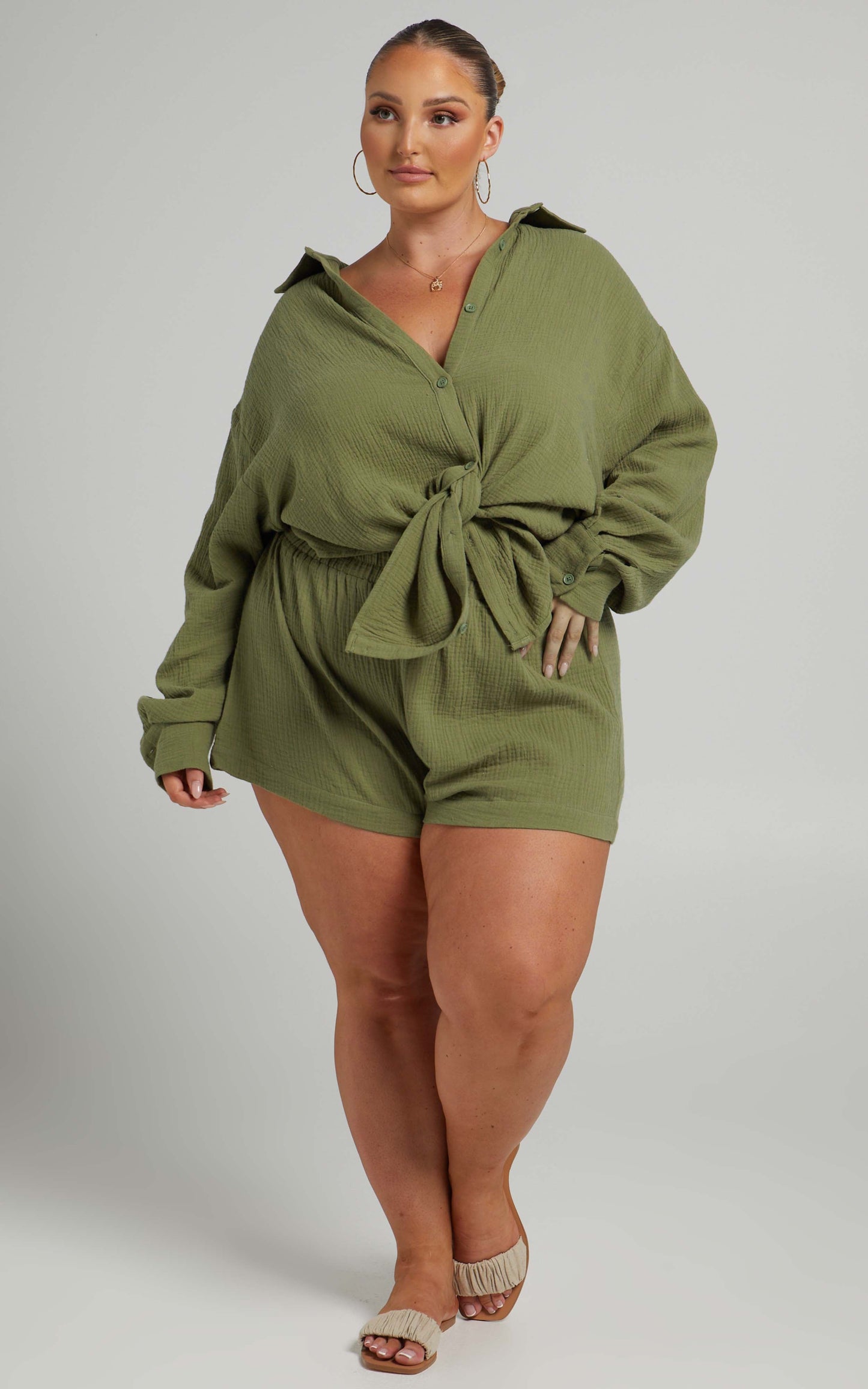 Yvaine Oversized Long Sleeve Button Up Shirt in Khaki