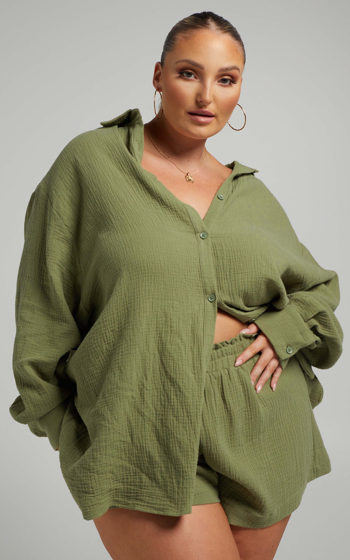 Yvaine Oversized Long Sleeve Button Up Shirt in Khaki