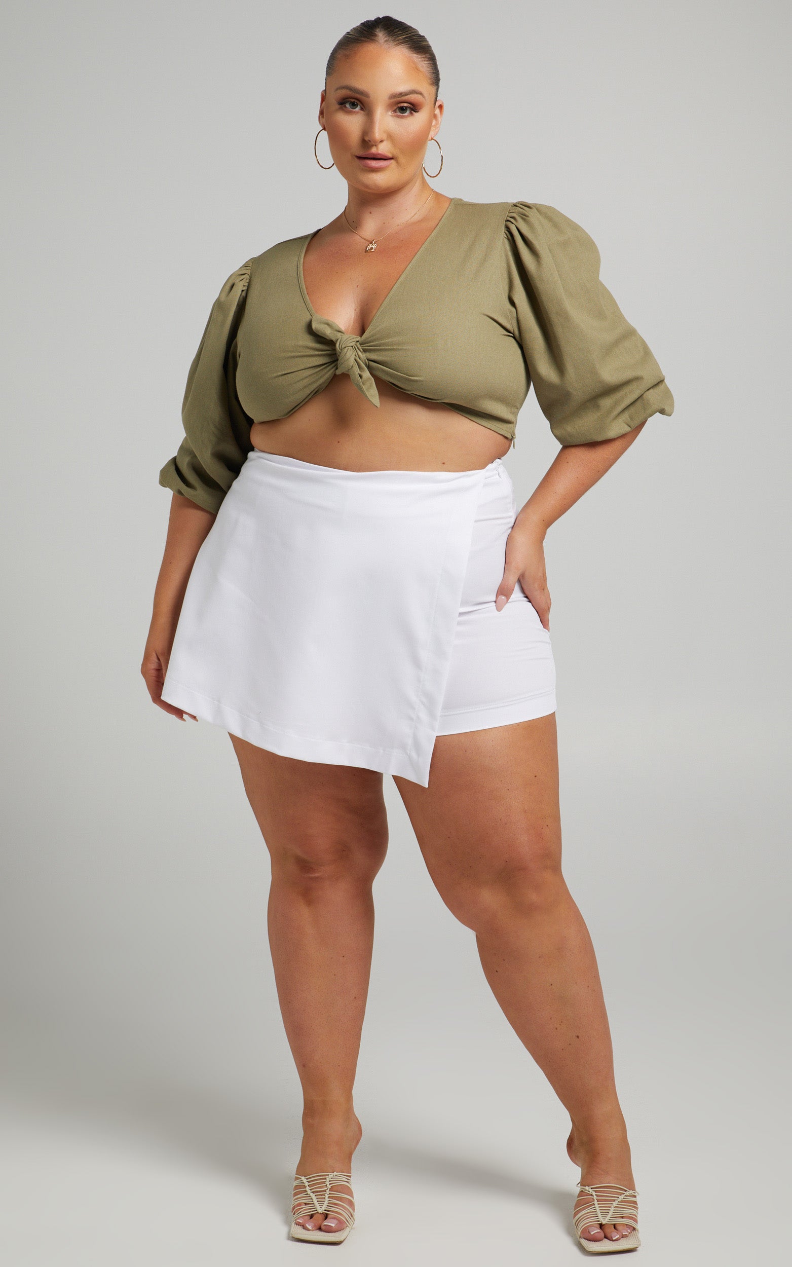 Jamiel Top - Linen Tie Front Puff Sleeve Crop Top in Khaki Linen