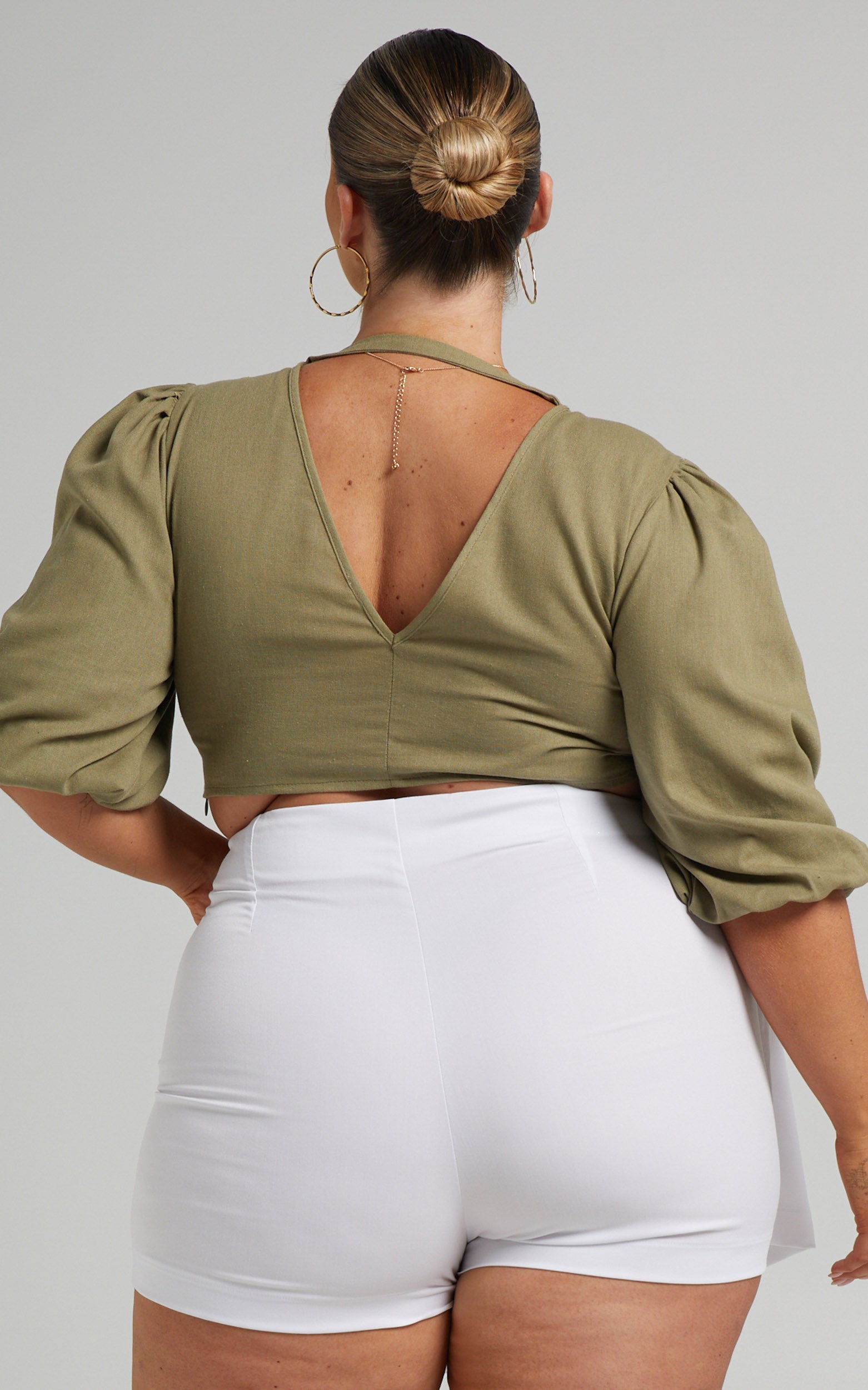 Jamiel Top - Linen Tie Front Puff Sleeve Crop Top in Khaki Linen