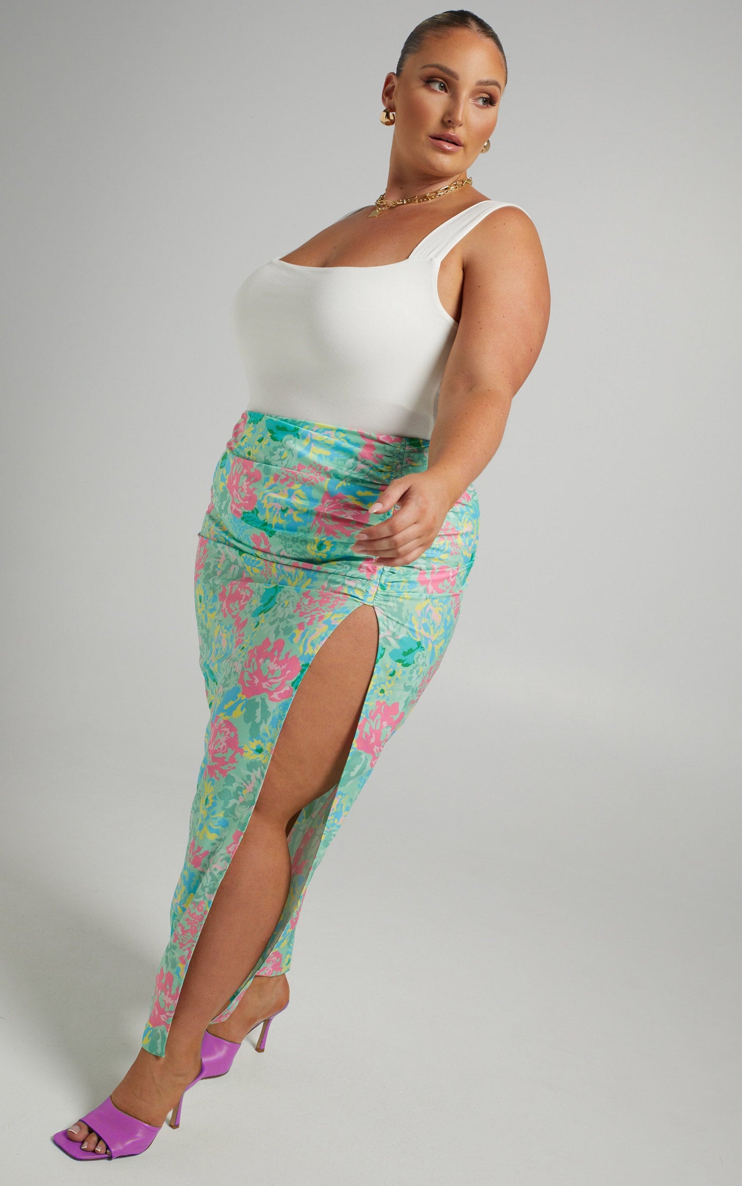 Eilly Maxi Skirt with Ruched Side Split in Neon Floral