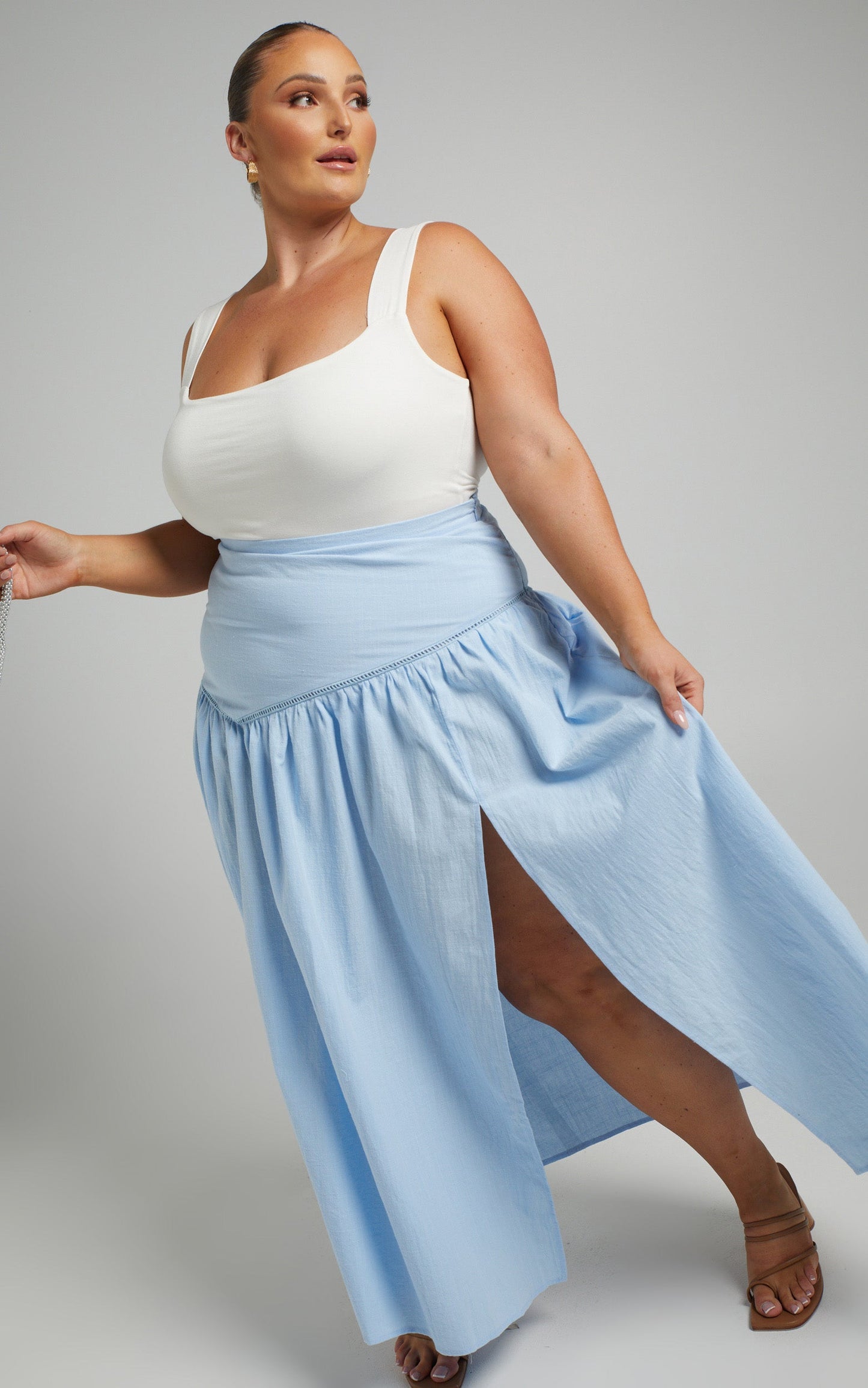 Jalena Thigh Slit Asymmetric Maxi Skirt in Light Blue