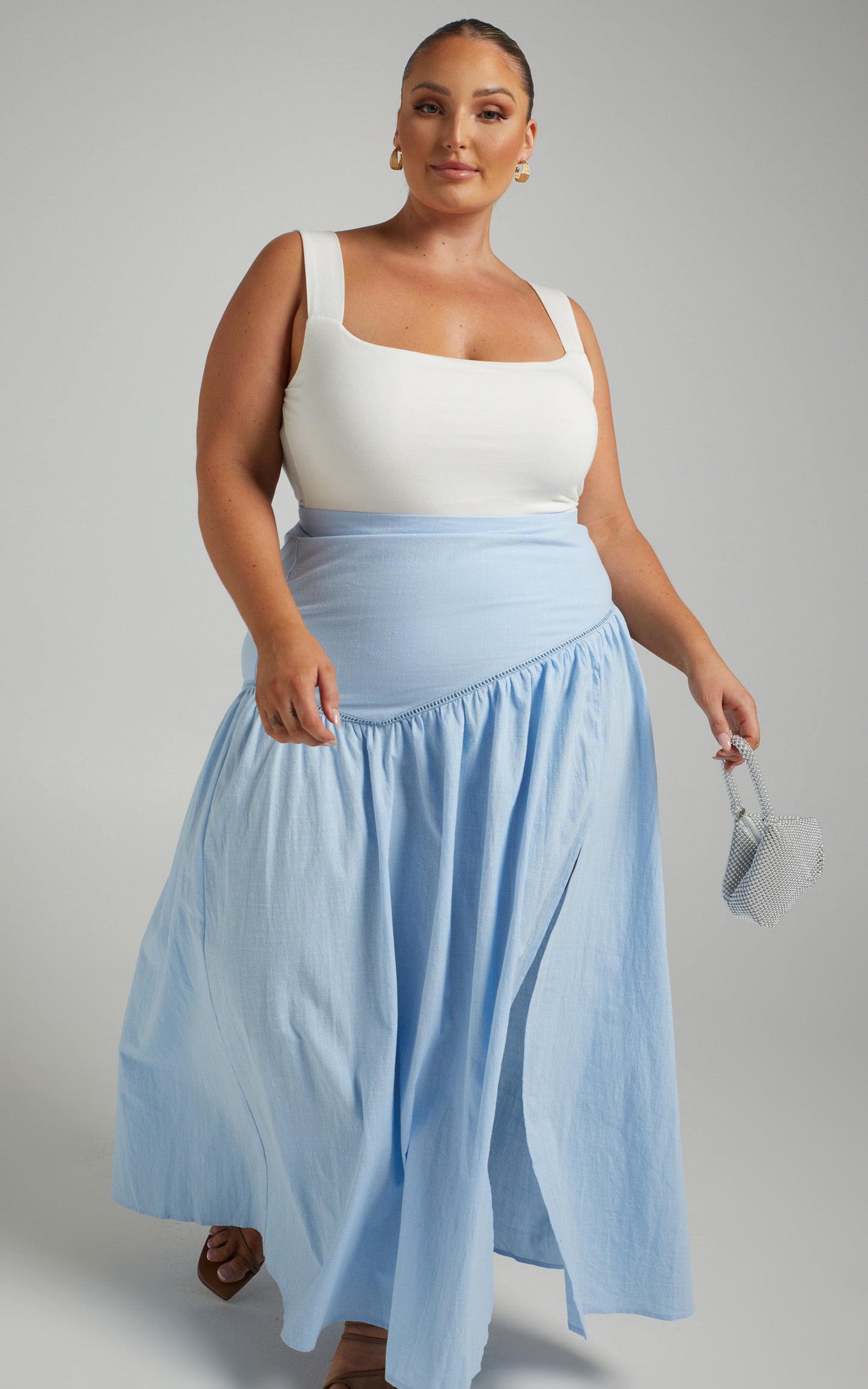 Jalena Thigh Slit Asymmetric Maxi Skirt in Light Blue