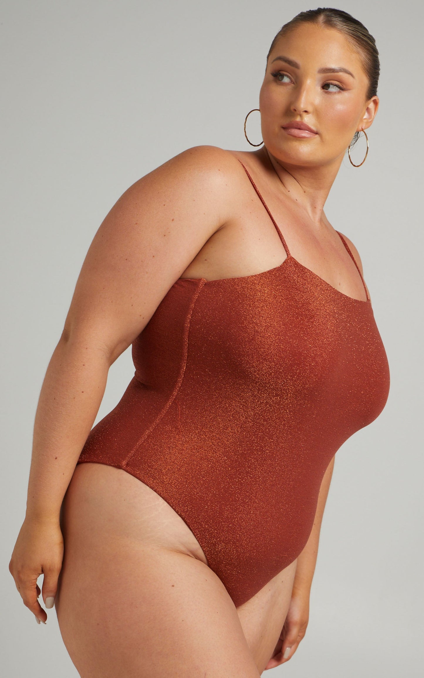 Marley Tie Back Square Neck One Piece in Rust Lurex