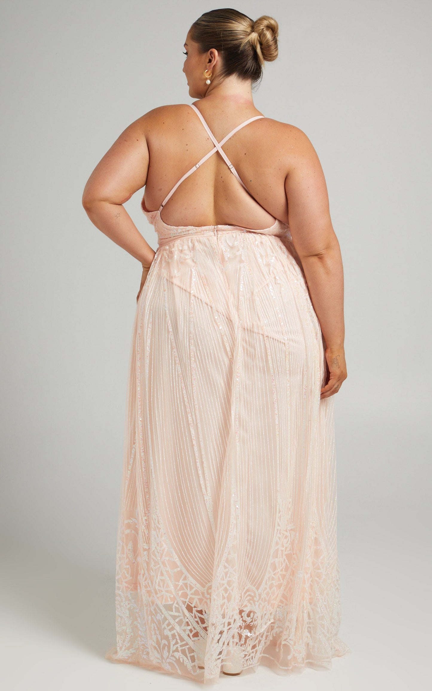 Paola Maxi Dress - Metallic Plunge Dress in Light Pink