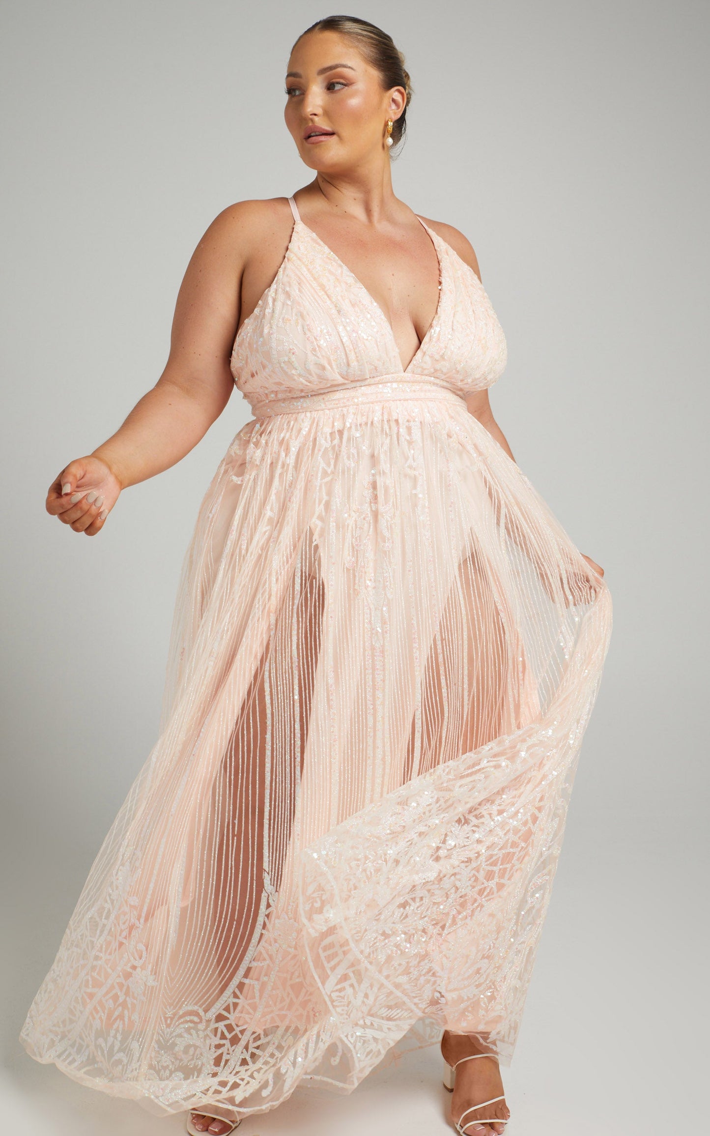 Paola Maxi Dress - Metallic Plunge Dress in Light Pink