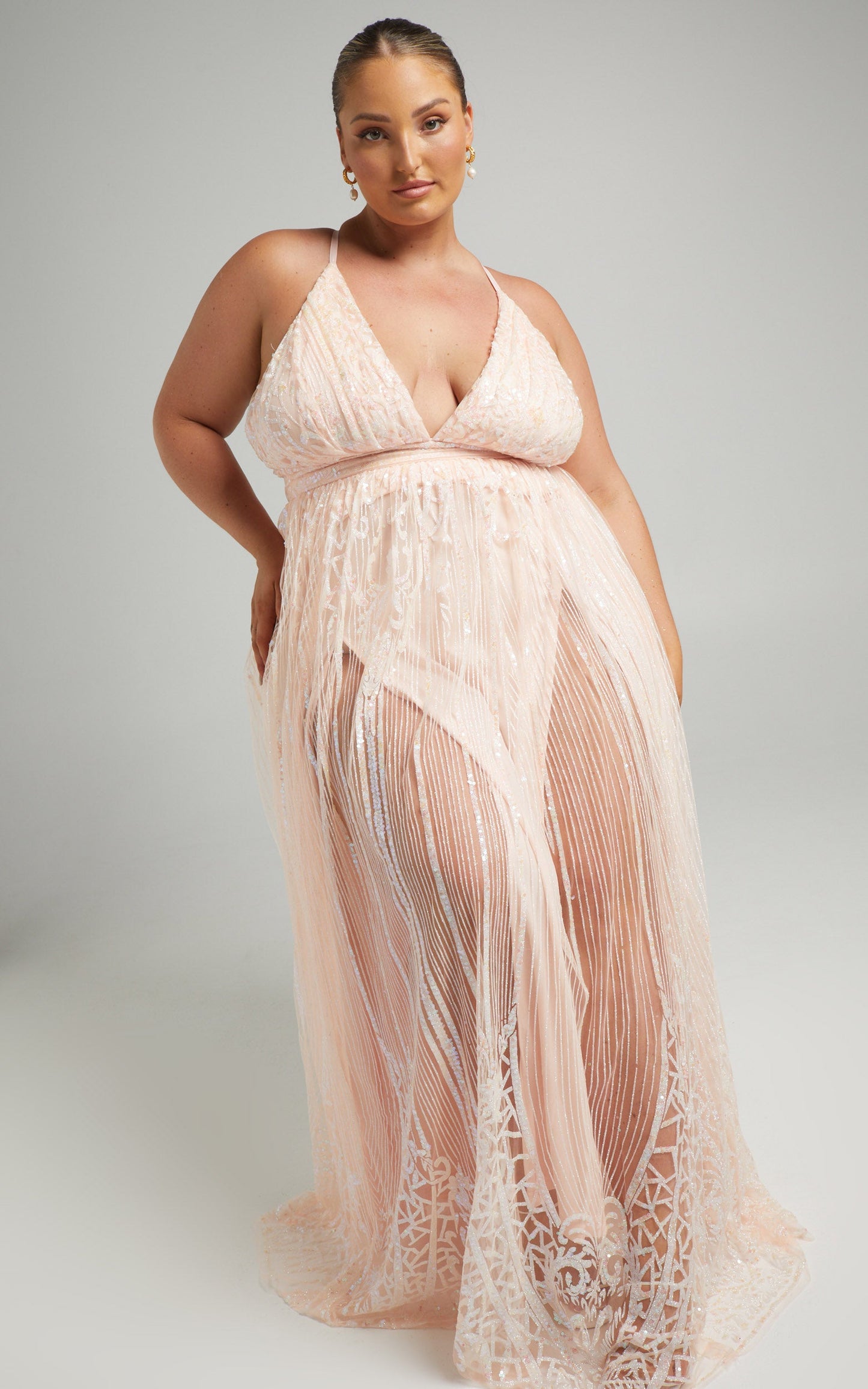 Paola Maxi Dress - Metallic Plunge Dress in Light Pink