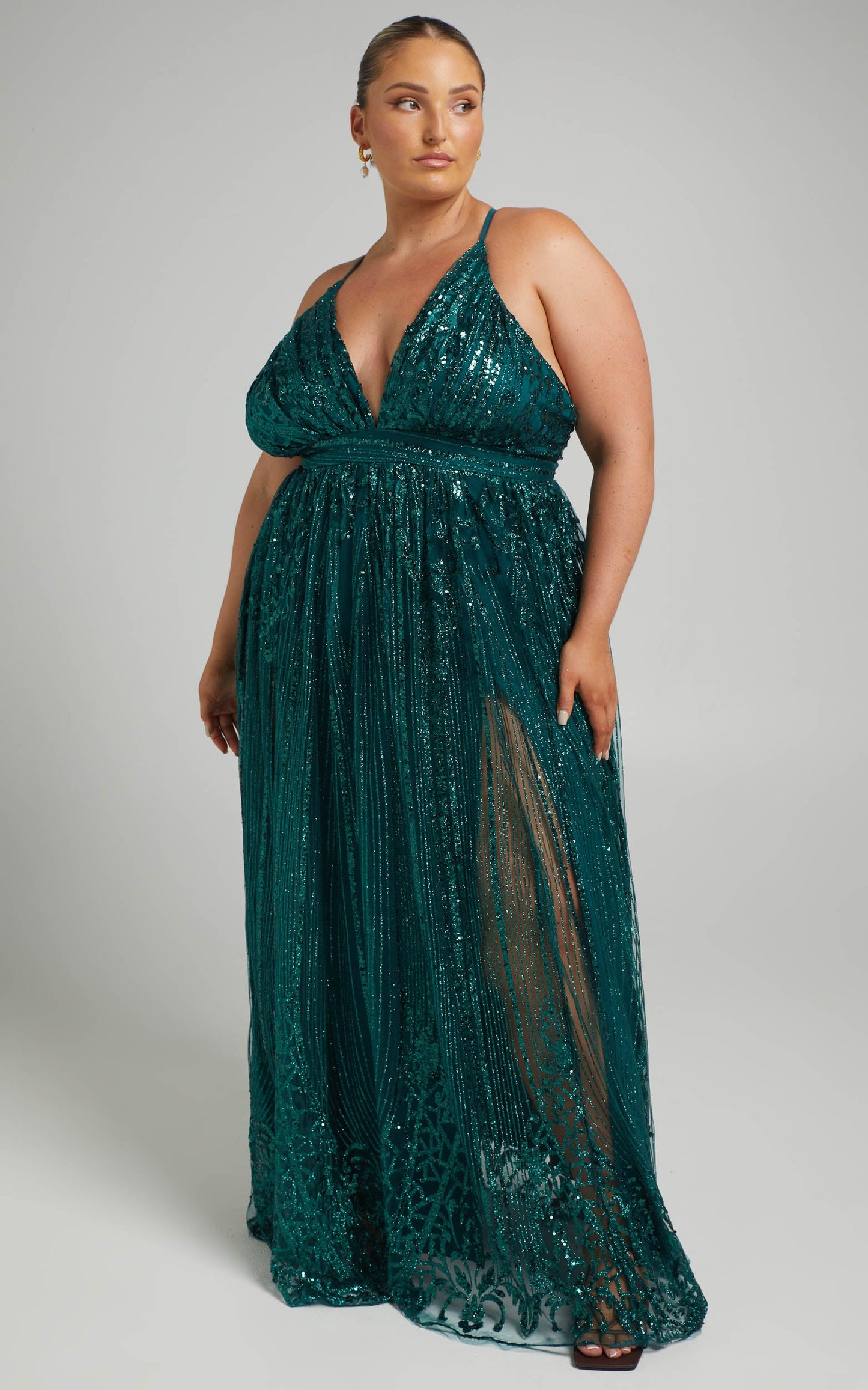 Paola Maxi Dress - Metallic Plunge Dress in Emerald