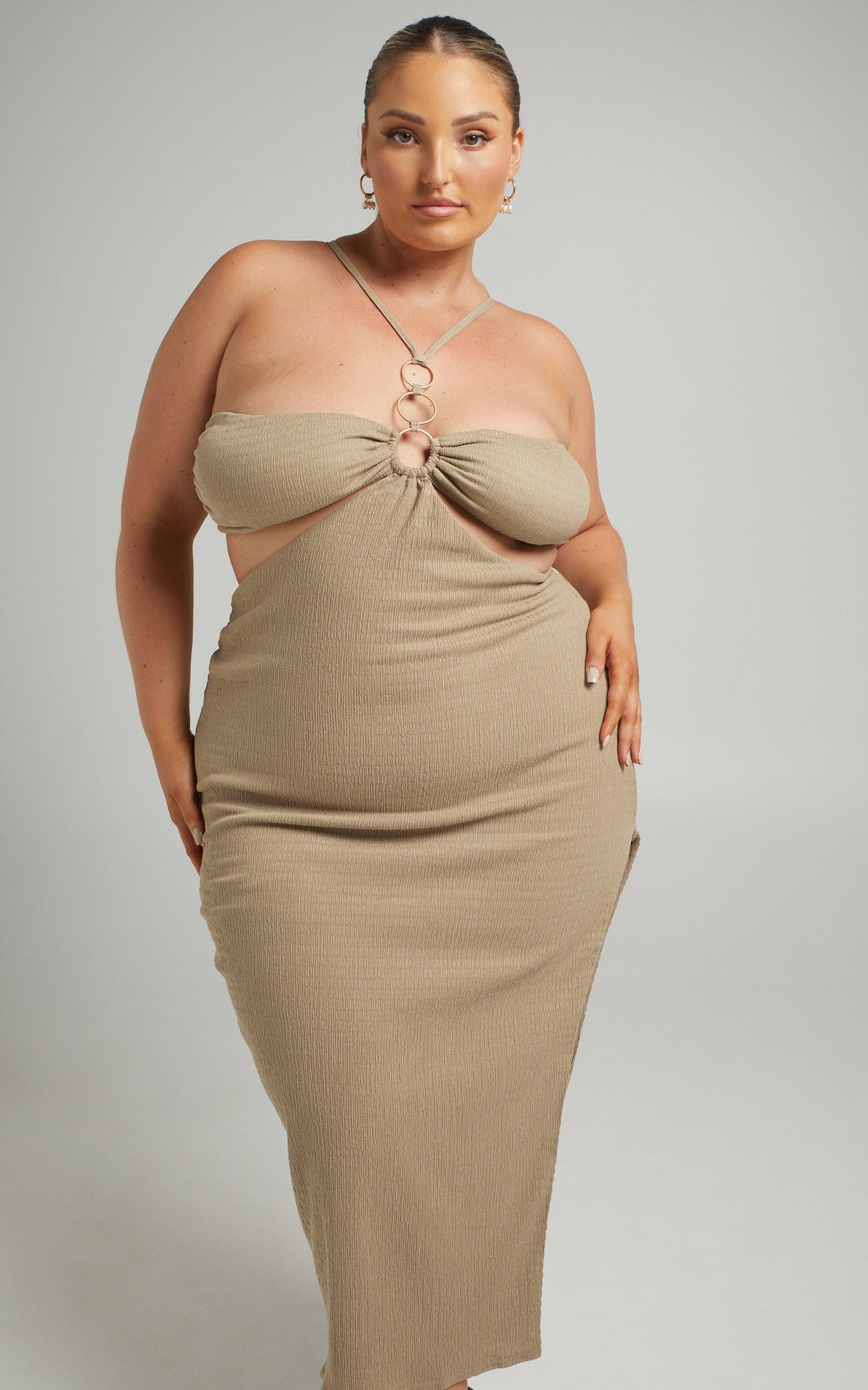 Amarilly Midi Dress - Ring Halter Neck Cocktail Dress in Taupe
