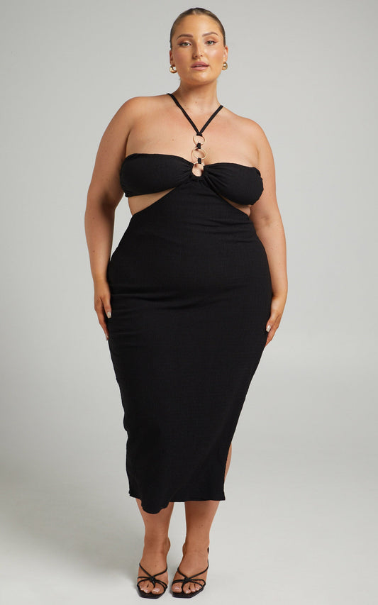 Amarilly Midi Dress - Ring Halter Neck Cocktail Dress in Black