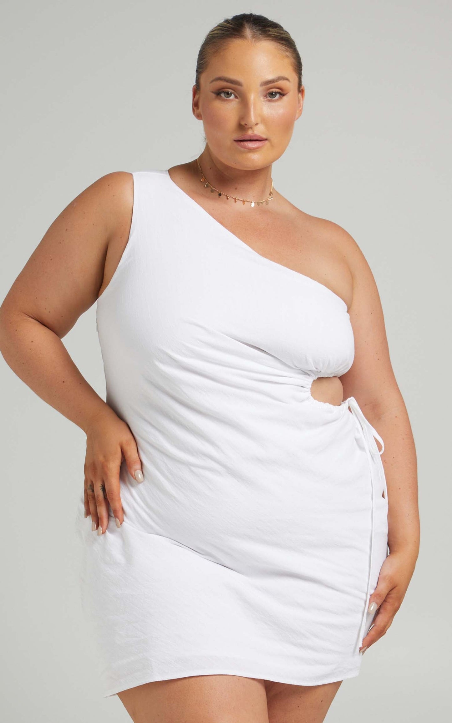 Carbell One shoulder waist cut out mini dress in White