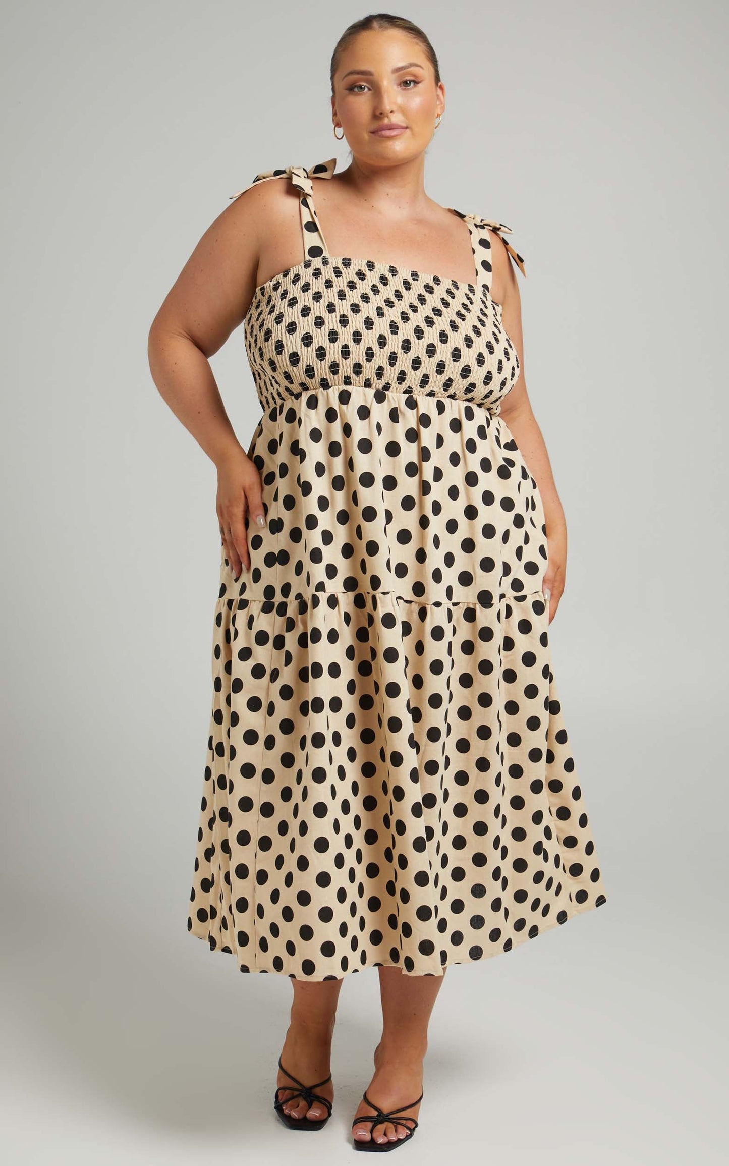 Charine Midi Dress - Linen Shirred Bodice Tiered Dress in Biscuit Spot