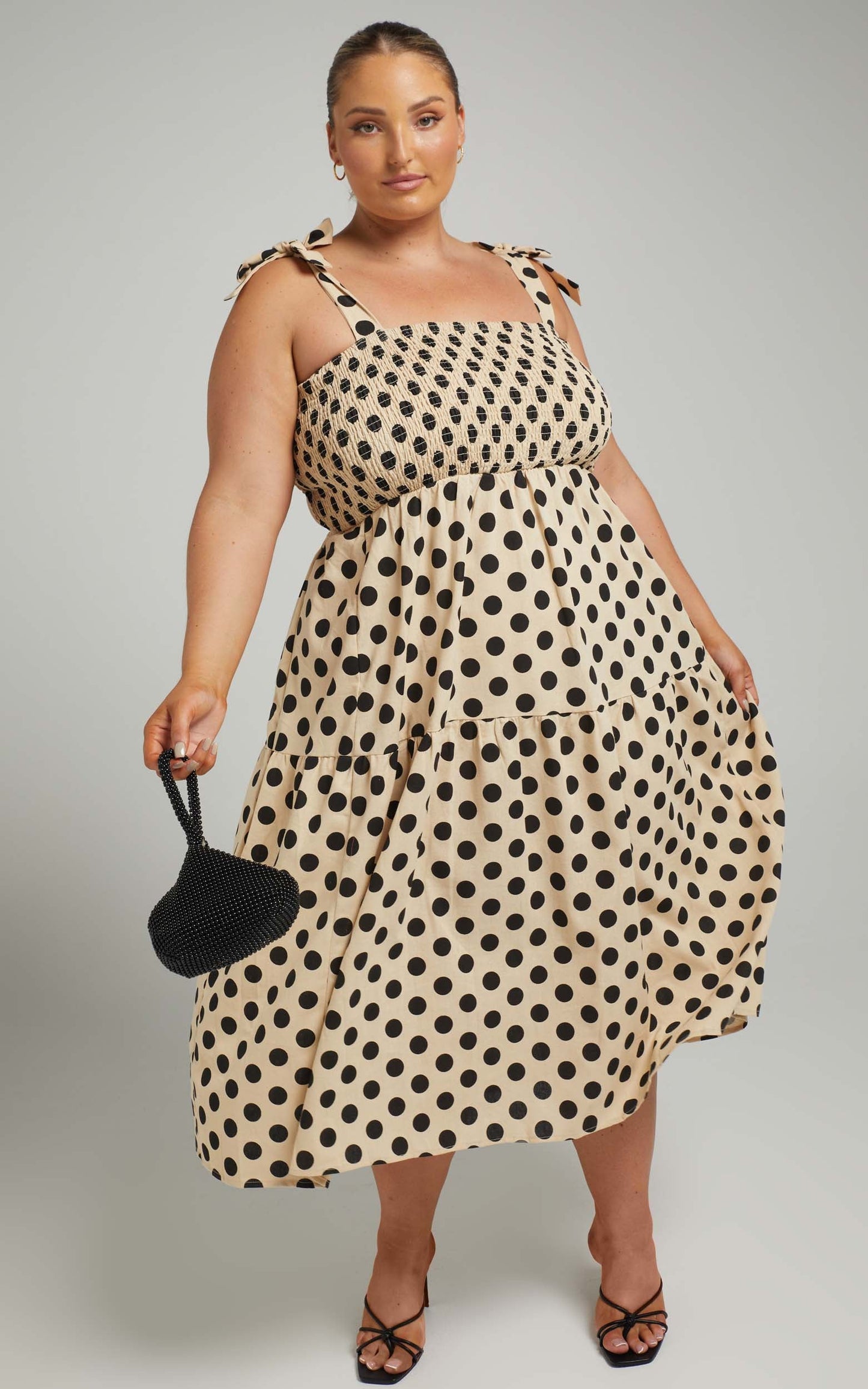 Charine Midi Dress - Linen Shirred Bodice Tiered Dress in Biscuit Spot