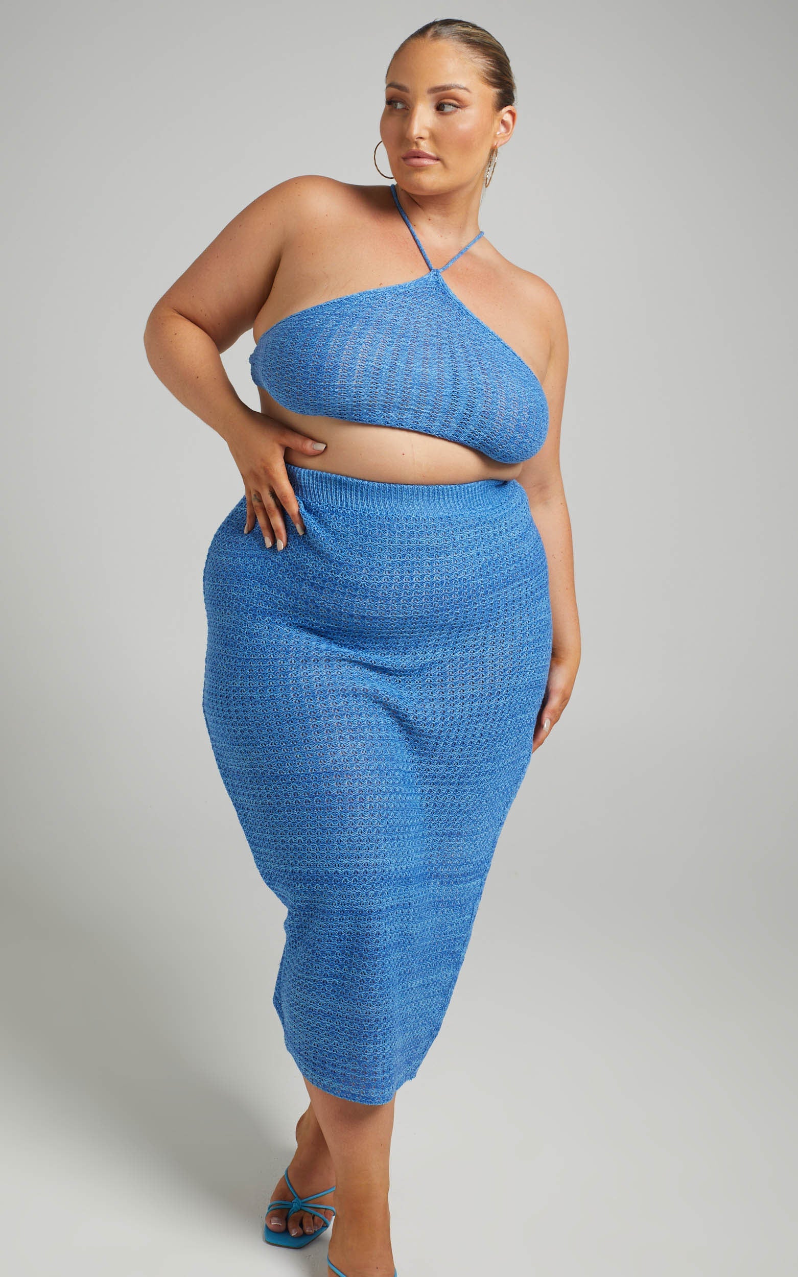 Missy Chevron Crochet Midi Skirt Two Piece Set in Blue