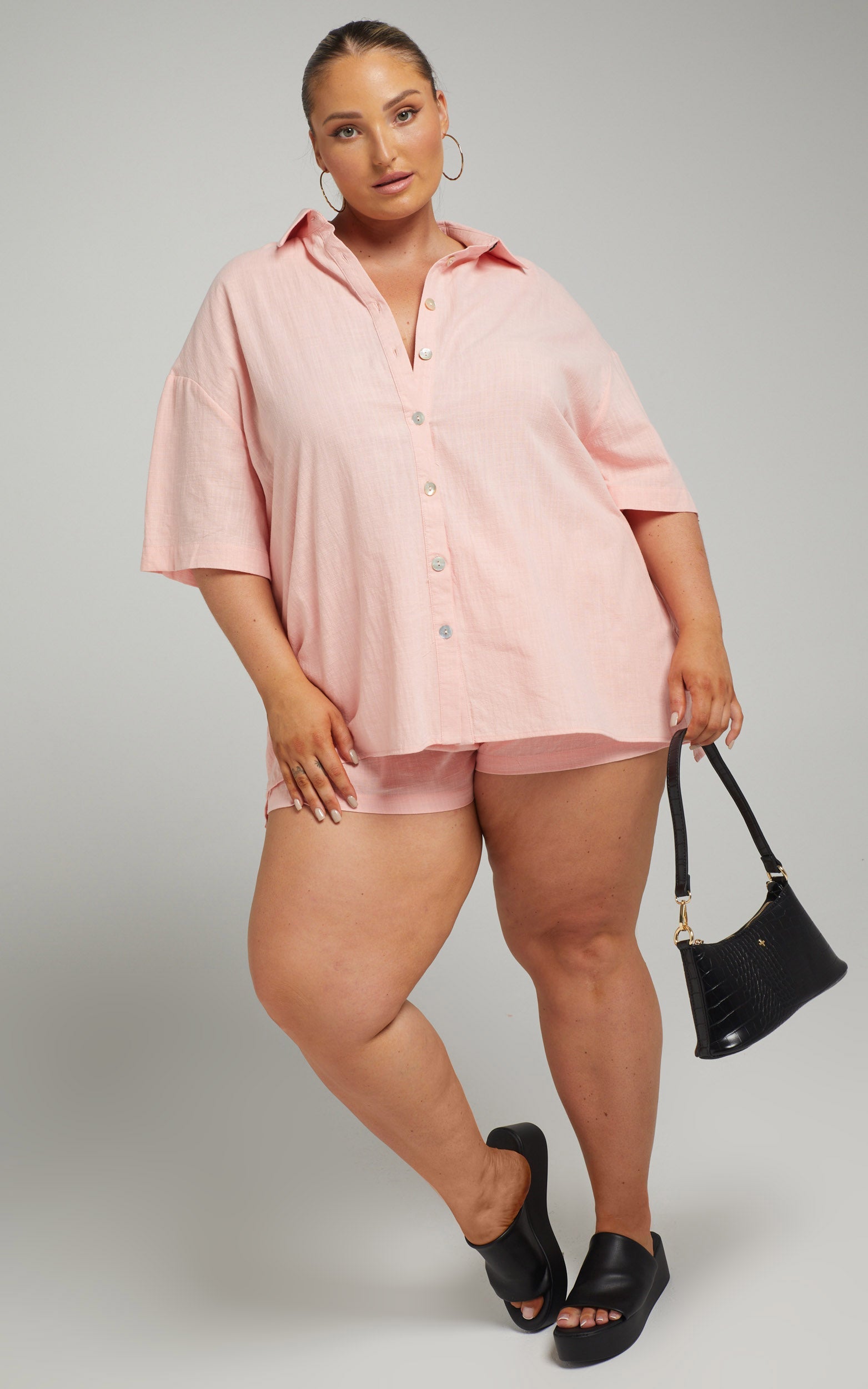 Gabby Button Up Shirt Two Piece Set in Light Pink