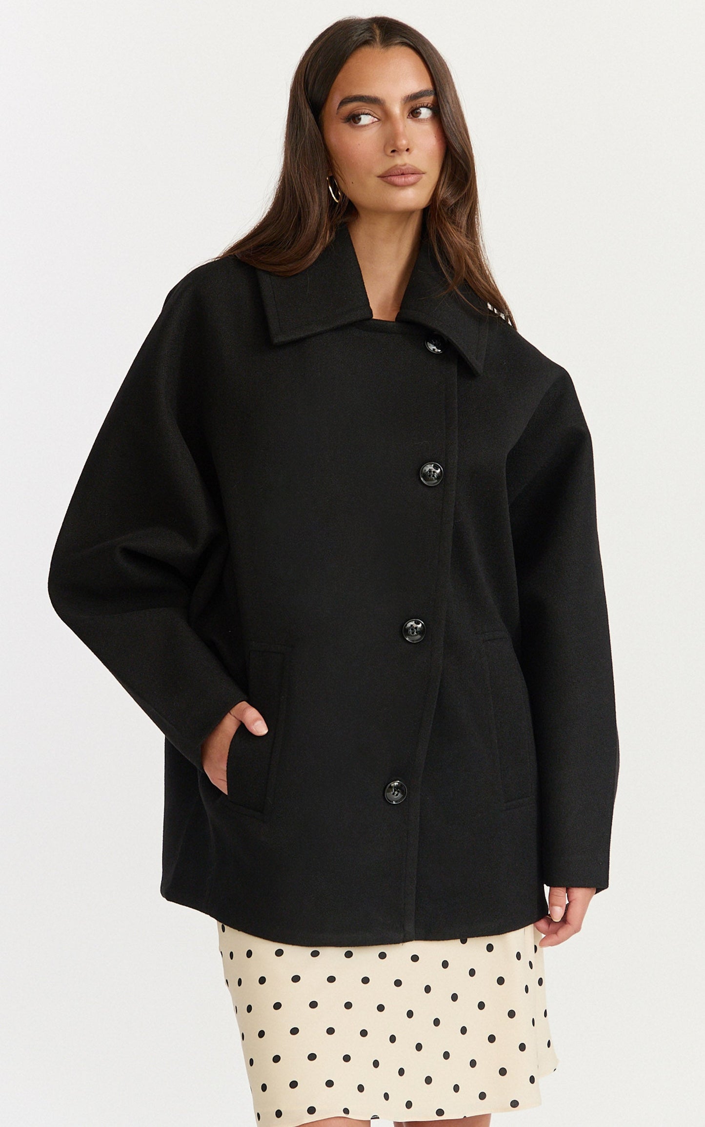 Rina Coat - Oversized Three Button Front Closure Coat in Black