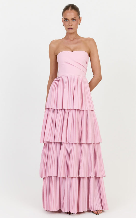 Rina Maxi Dress - Strapless Tiered Pleated Skirt Dress in Pink