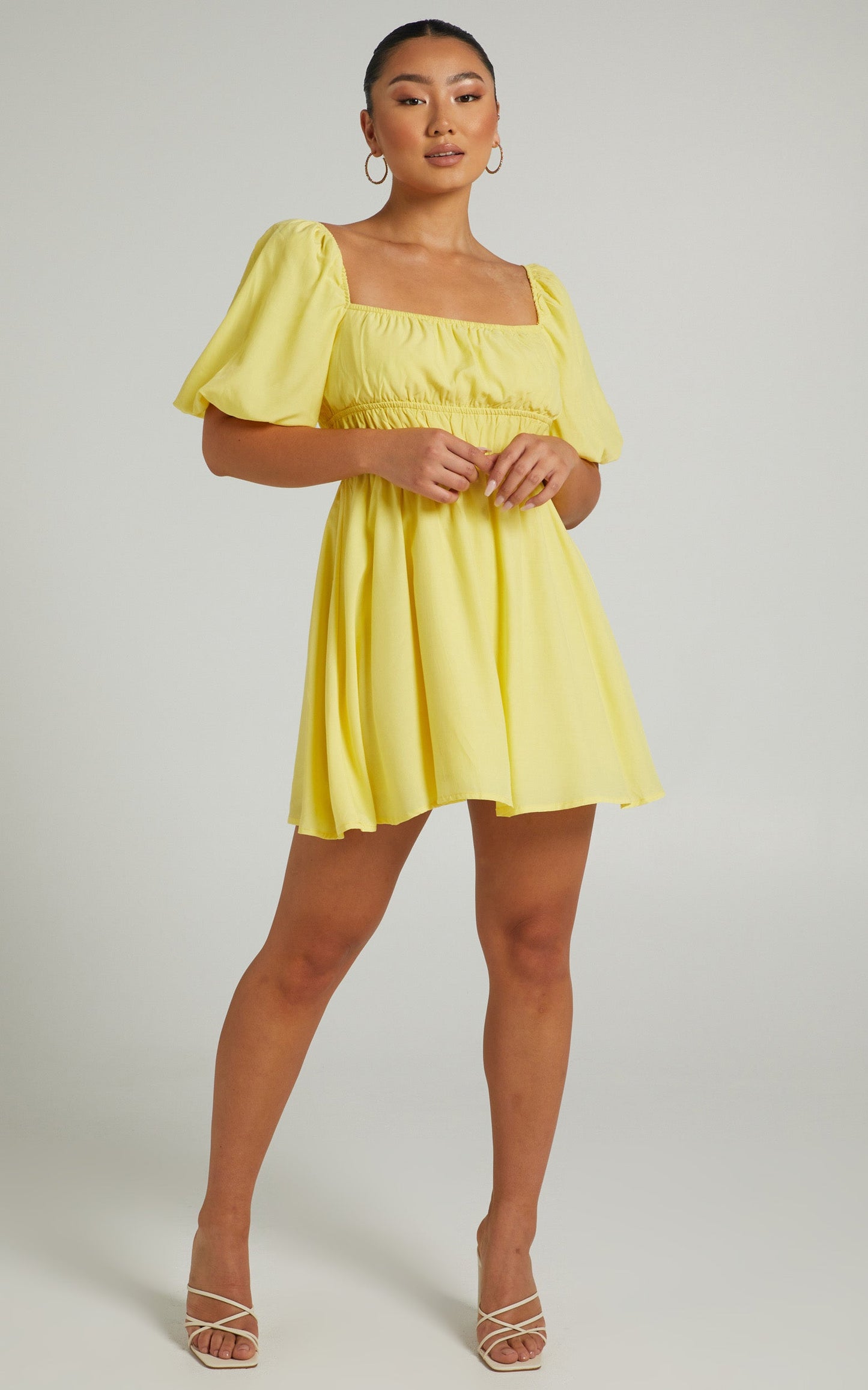 Maretta Mini Dress - Stretch Waist Square Neck Dress in Butter Yellow
