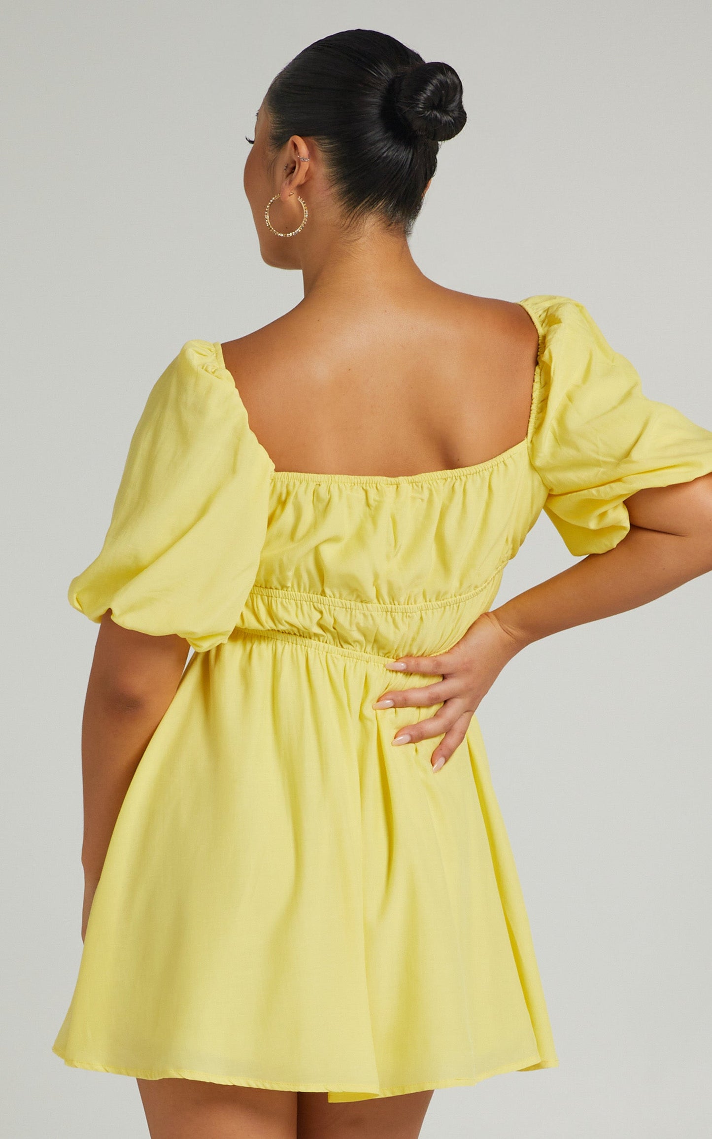 Maretta Mini Dress - Stretch Waist Square Neck Dress in Butter Yellow