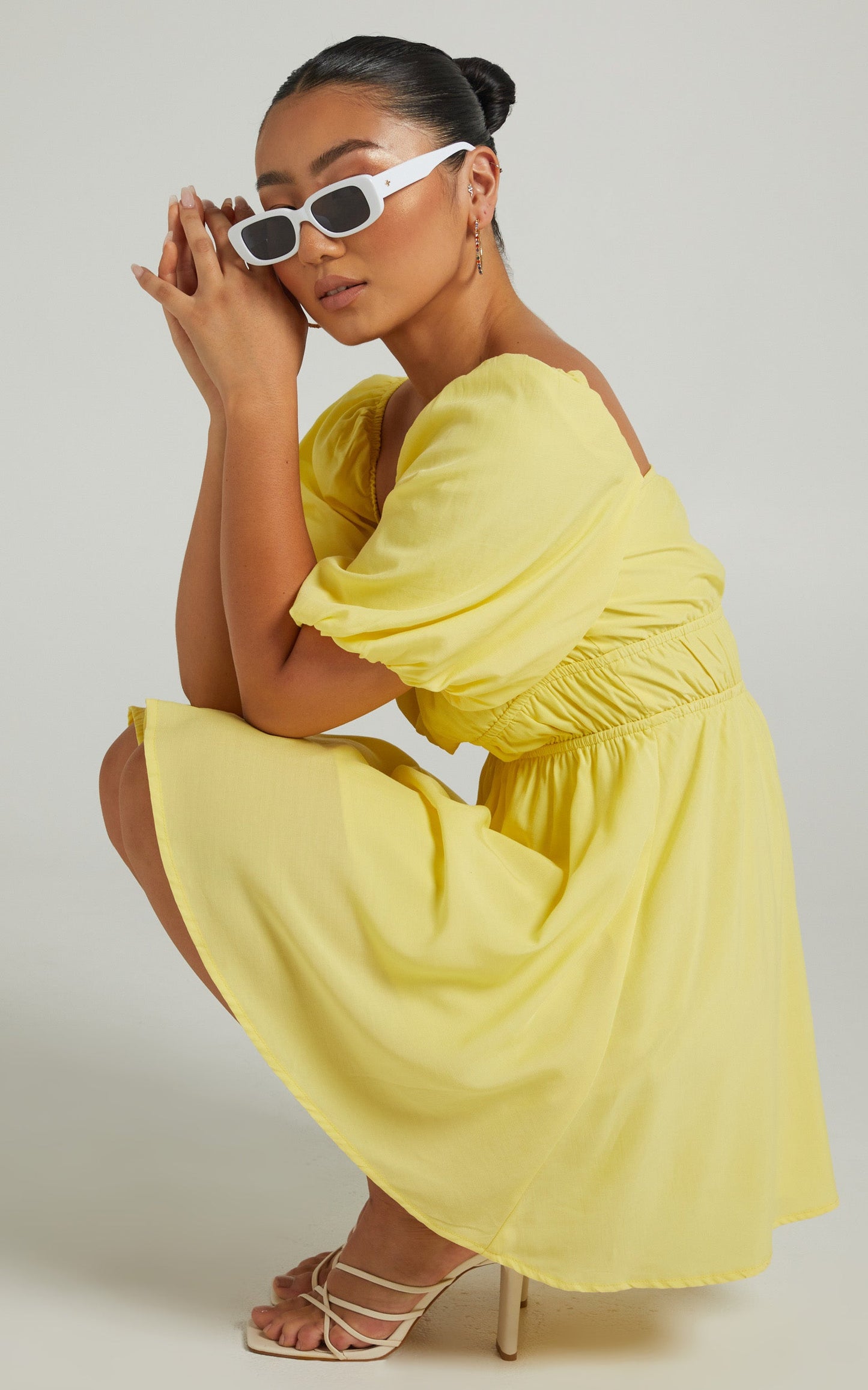 Maretta Mini Dress - Stretch Waist Square Neck Dress in Butter Yellow