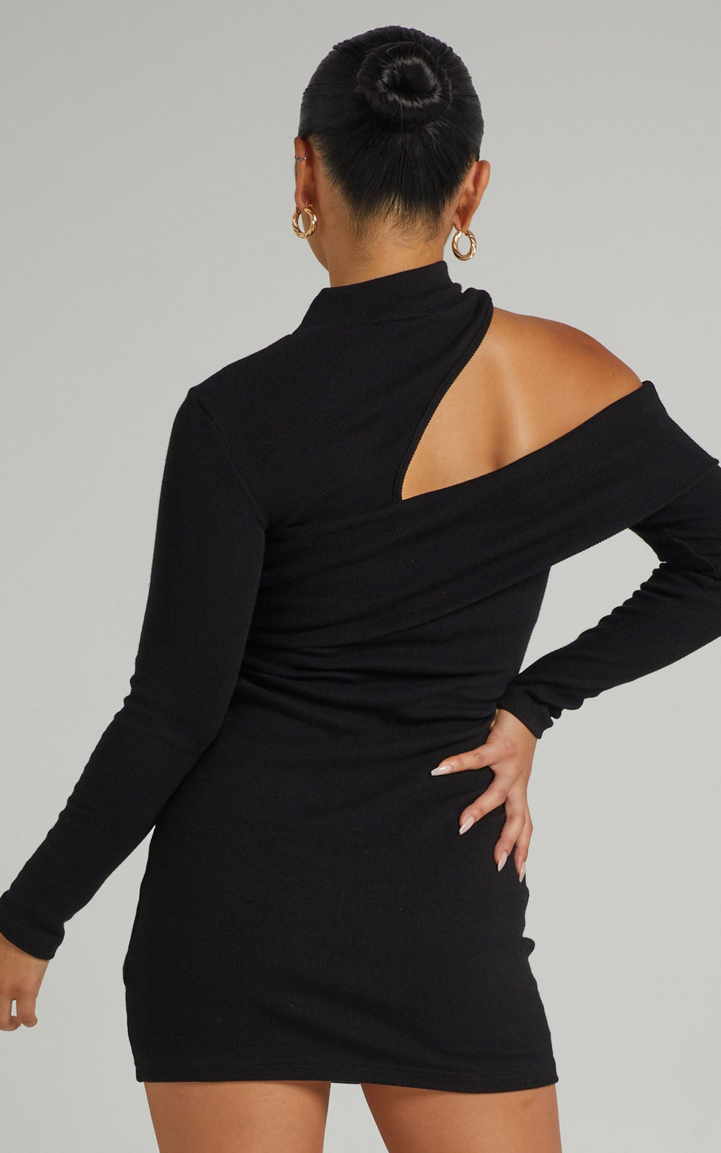 Lilah Asymmetric Long Sleeve Dress in Black