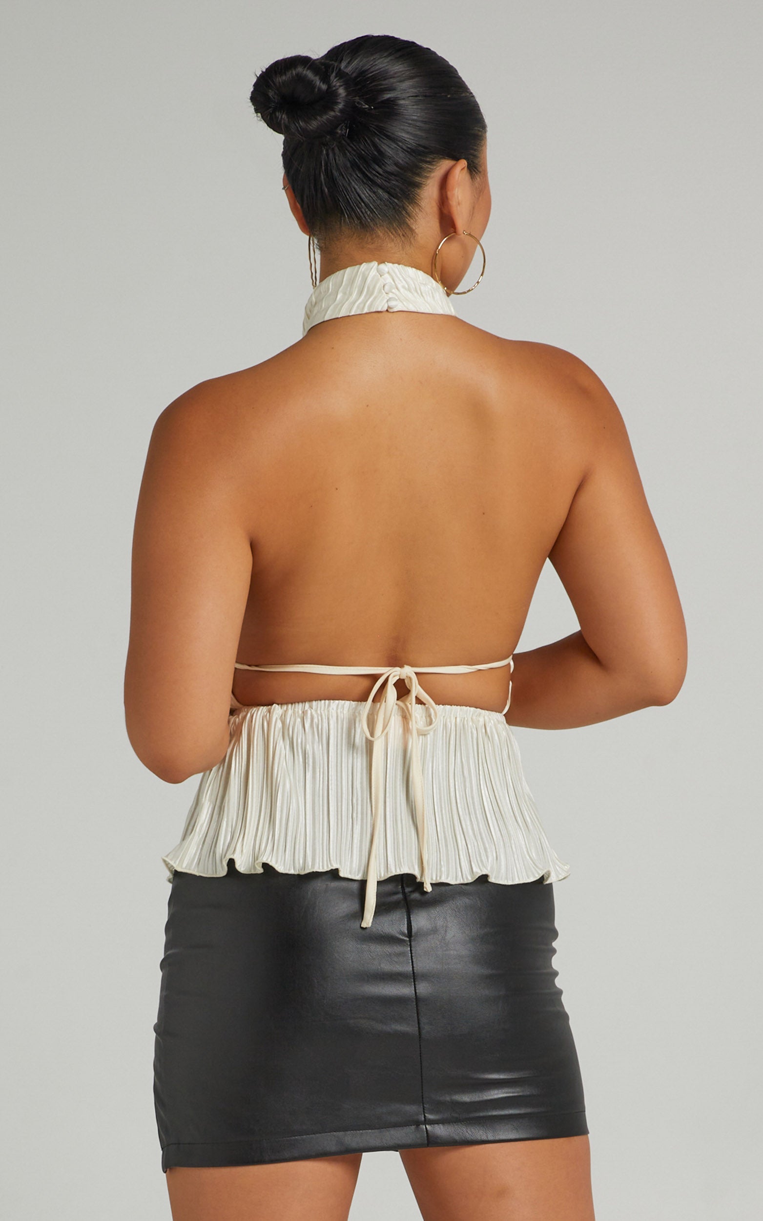 Chiara Top - Plisse Pleated Backless Halter Neck Top in Cream