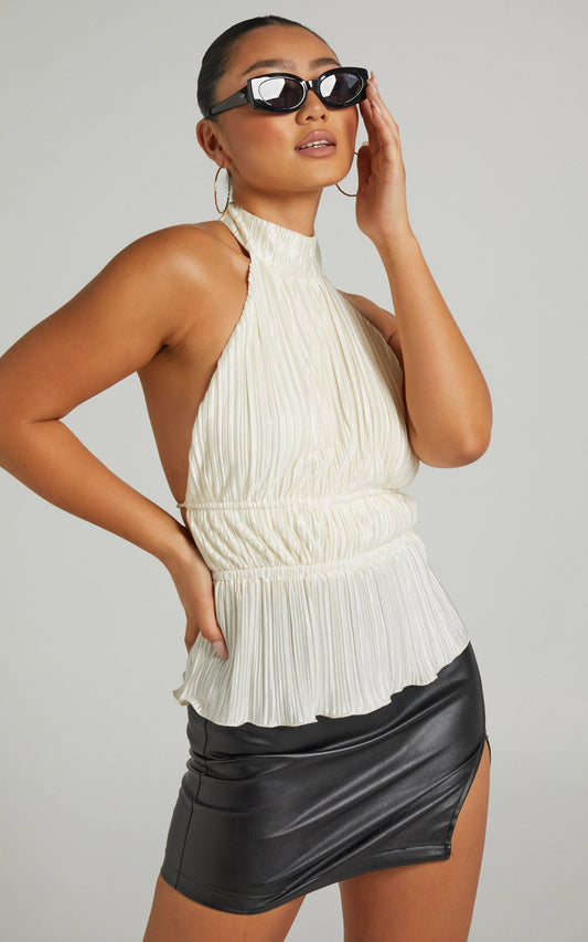 Chiara Top - Plisse Pleated Backless Halter Neck Top in Cream