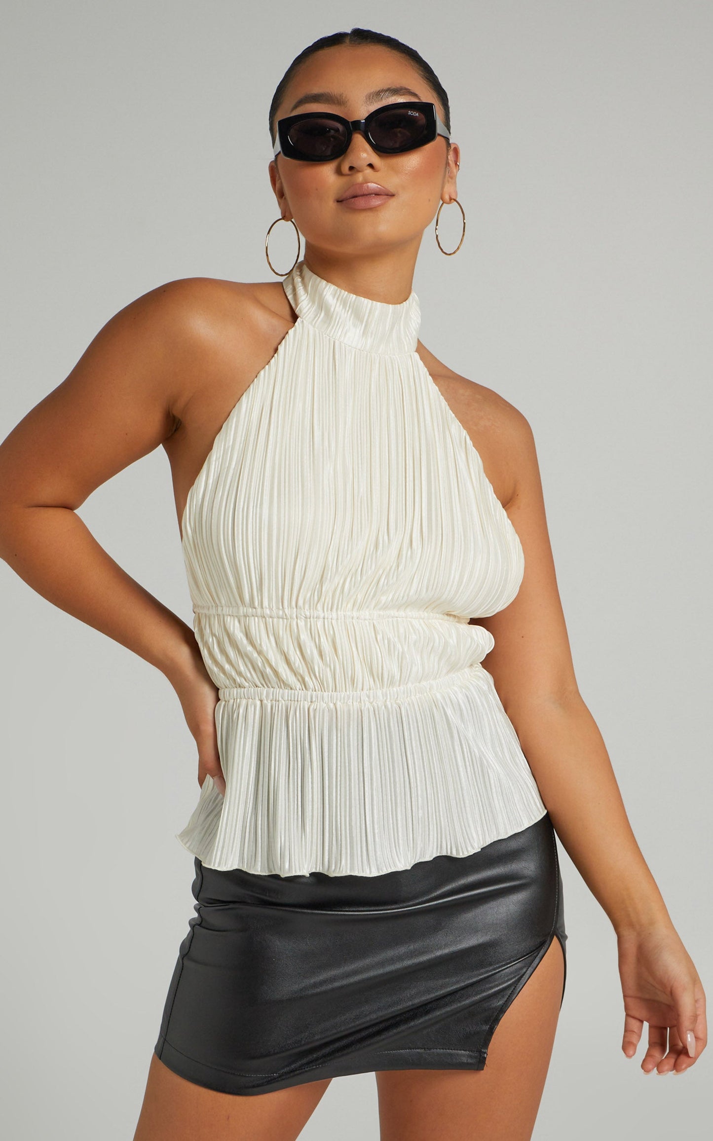 Chiara Top - Plisse Pleated Backless Halter Neck Top in Cream