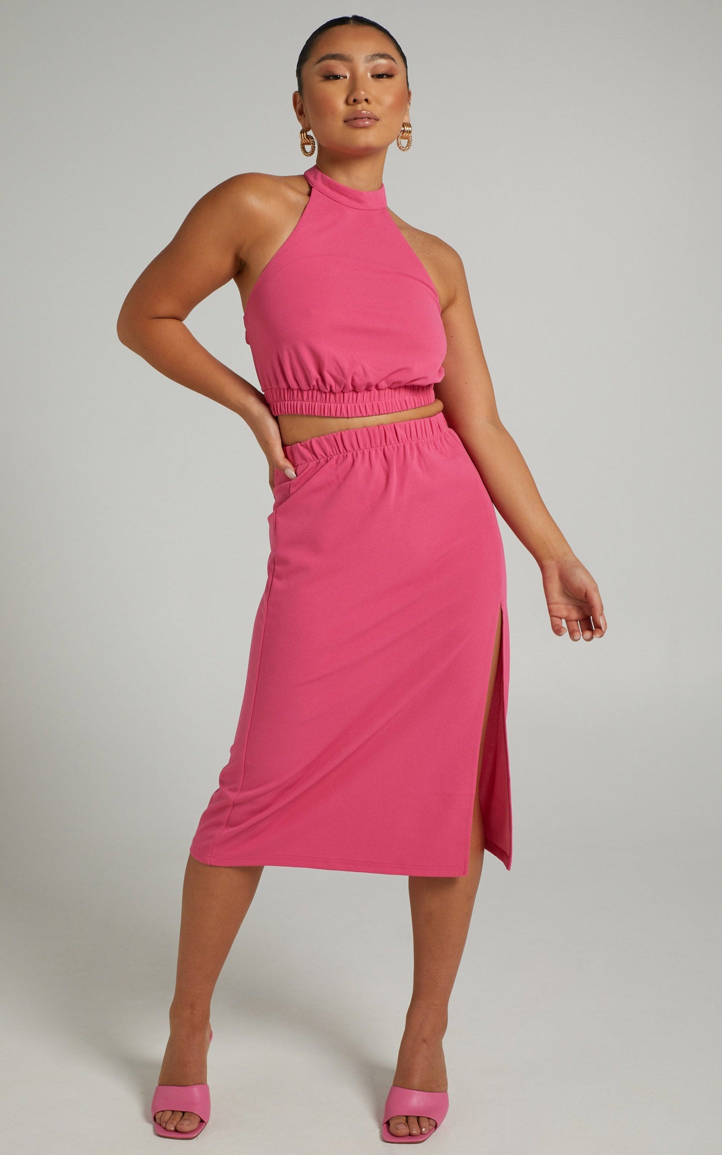 Lerah Midi Skirt - Elastic Waist Skirt in Hot Pink