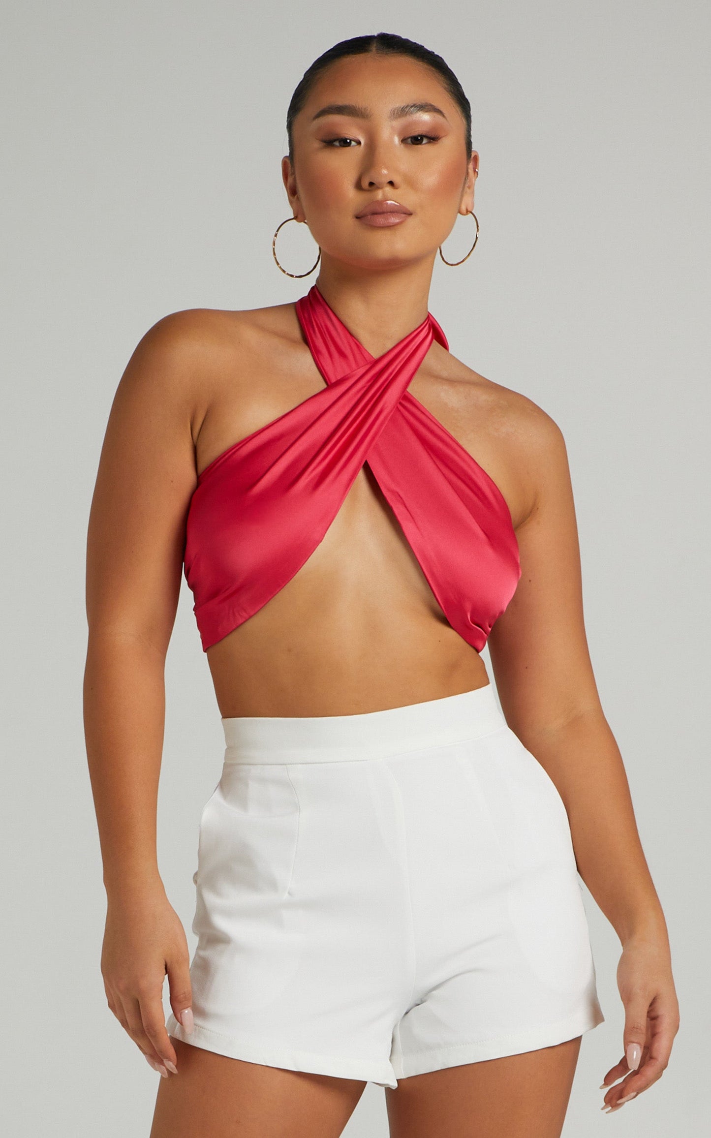 Aaliyah Top - Tie Up Halter Satin Top in Bubble Gum Pink