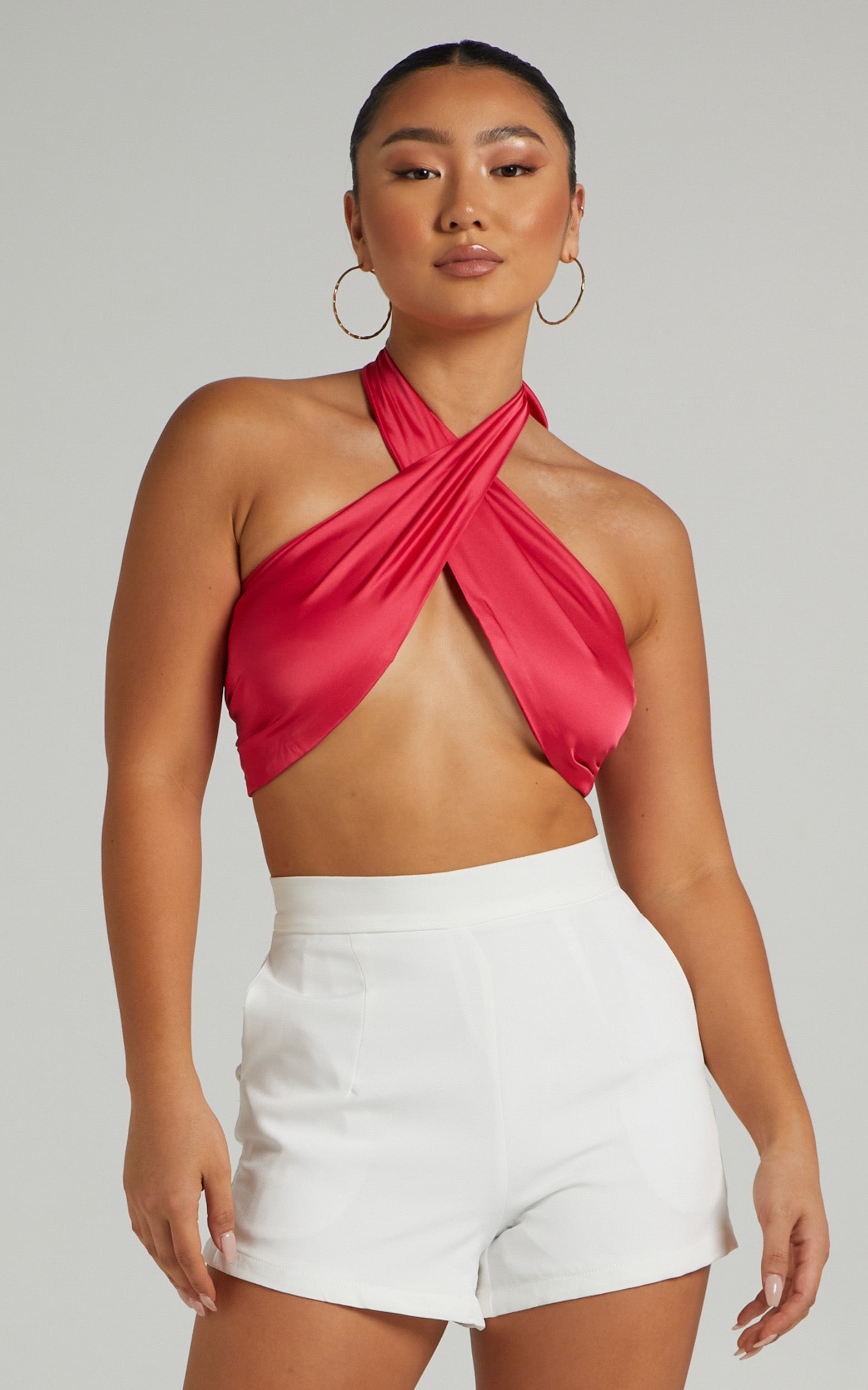 Aaliyah Top - Tie Up Halter Satin Top in Bubble Gum Pink