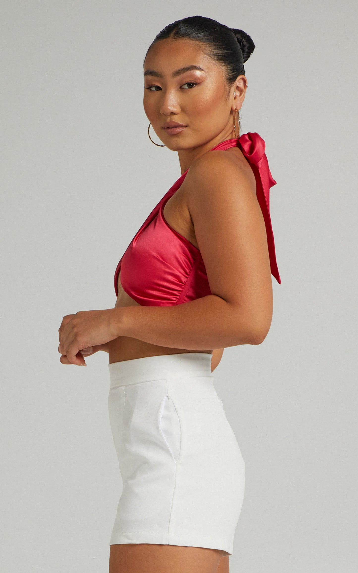 Aaliyah Top - Tie Up Halter Satin Top in Bubble Gum Pink