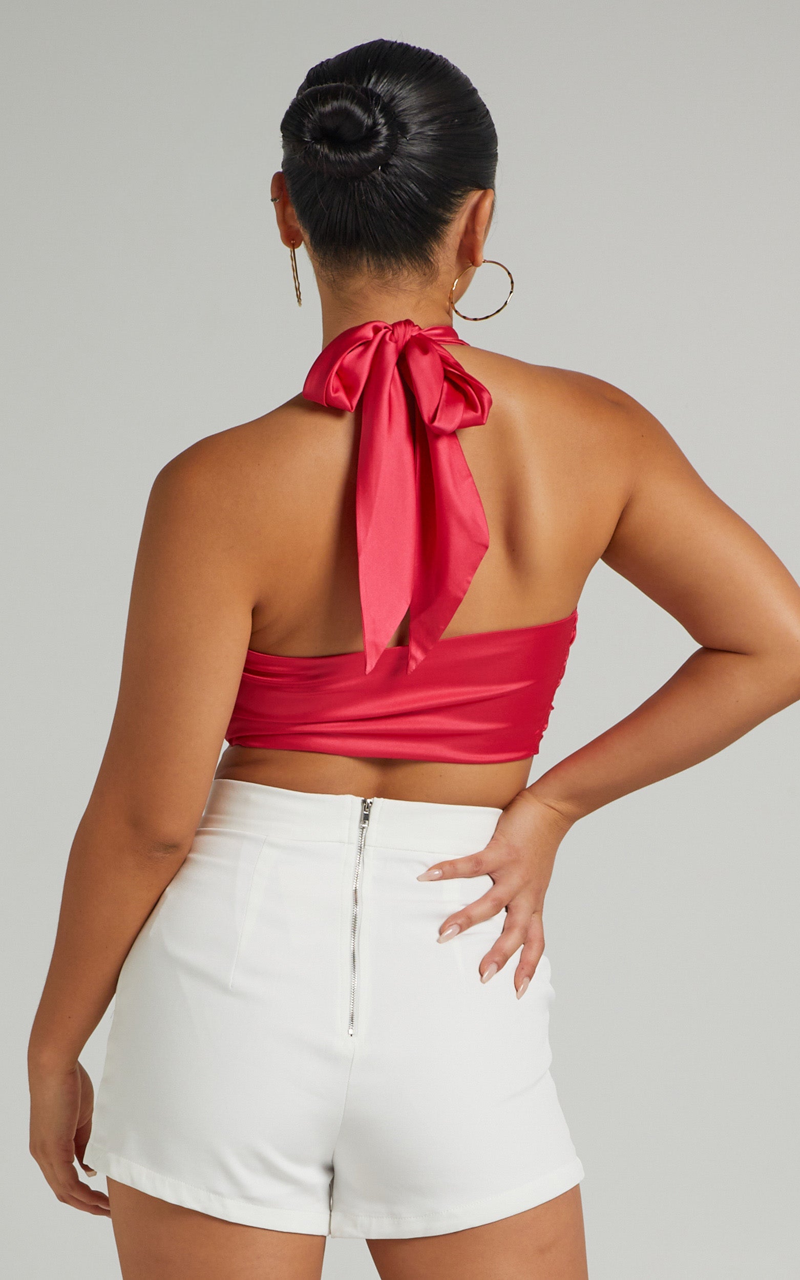 Aaliyah Top - Tie Up Halter Satin Top in Bubble Gum Pink