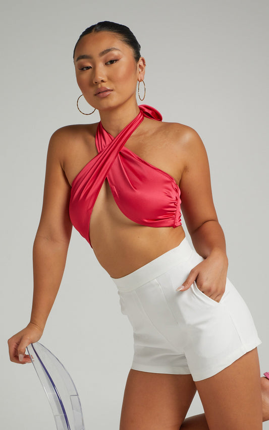 Aaliyah Top - Tie Up Halter Satin Top in Bubble Gum Pink