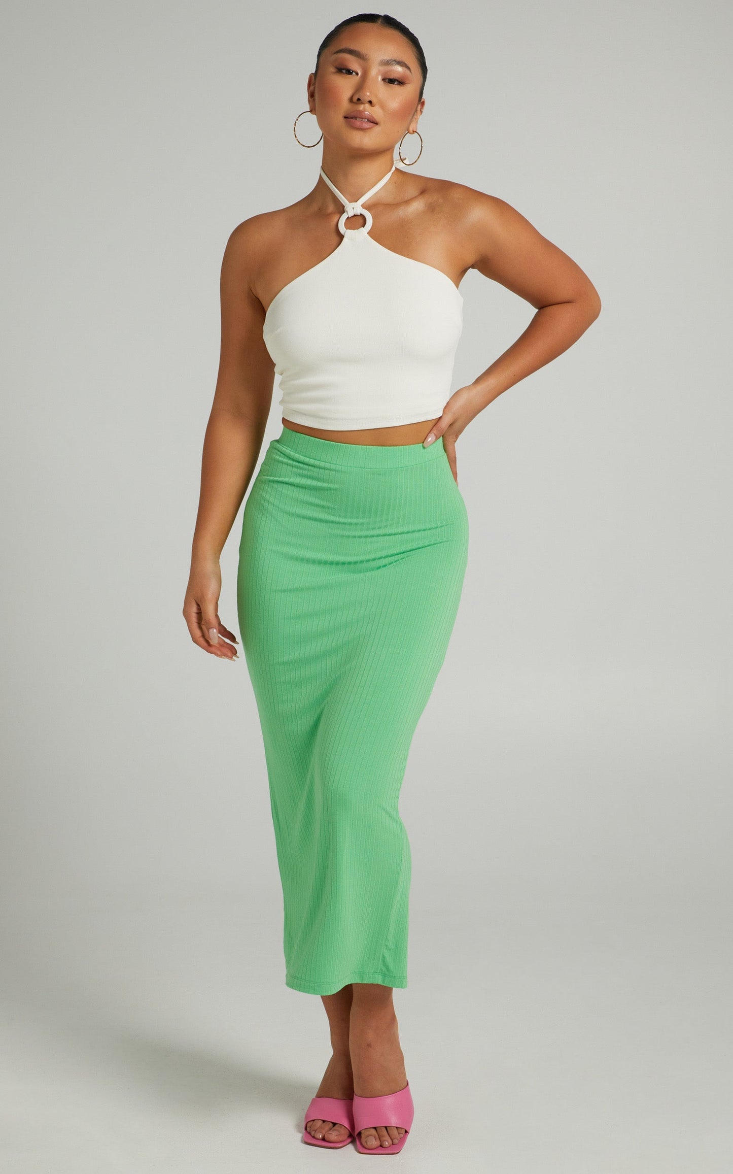 Brisa Ribbed Bodycon Midi Skirt in Green