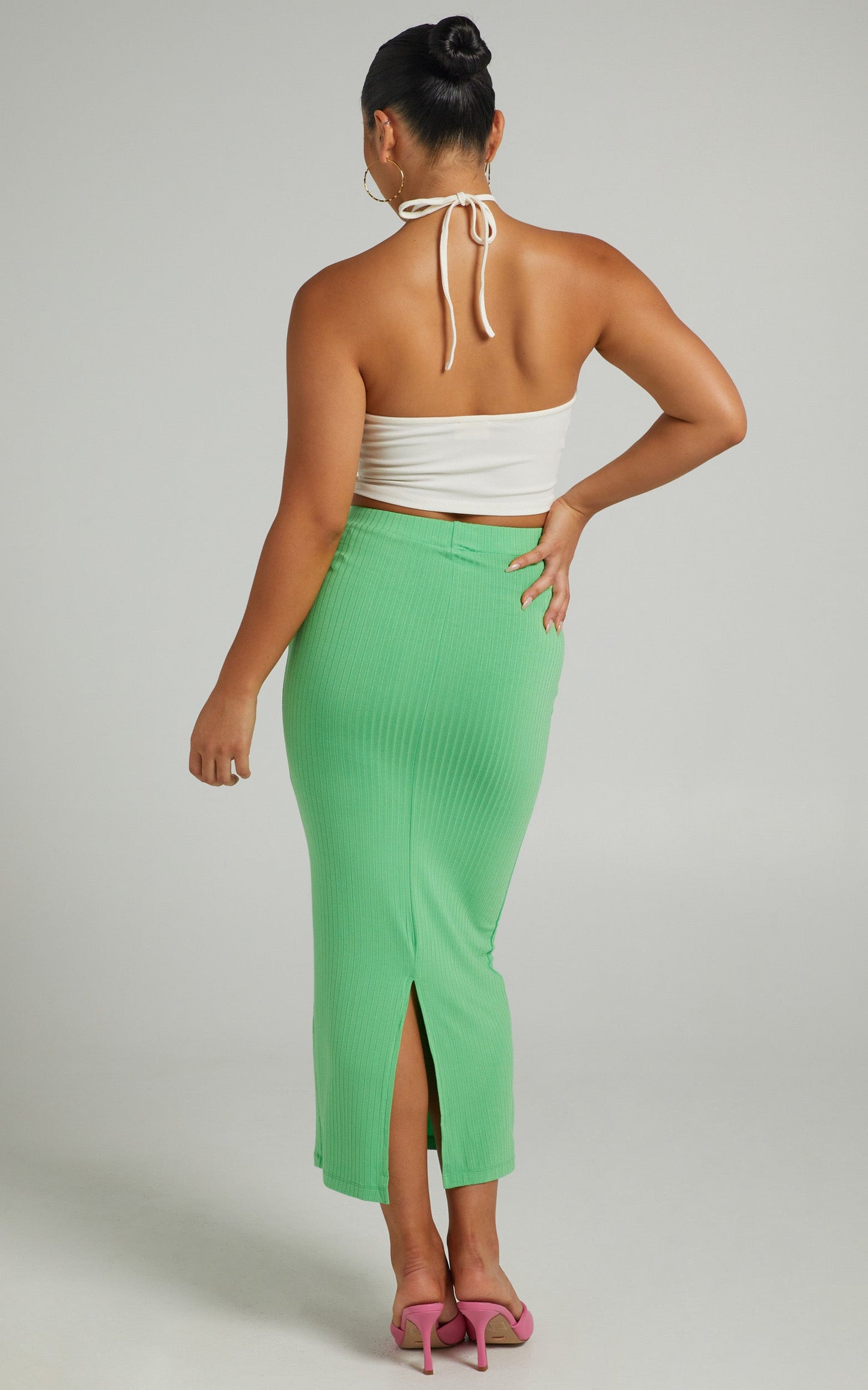 Brisa Ribbed Bodycon Midi Skirt in Green