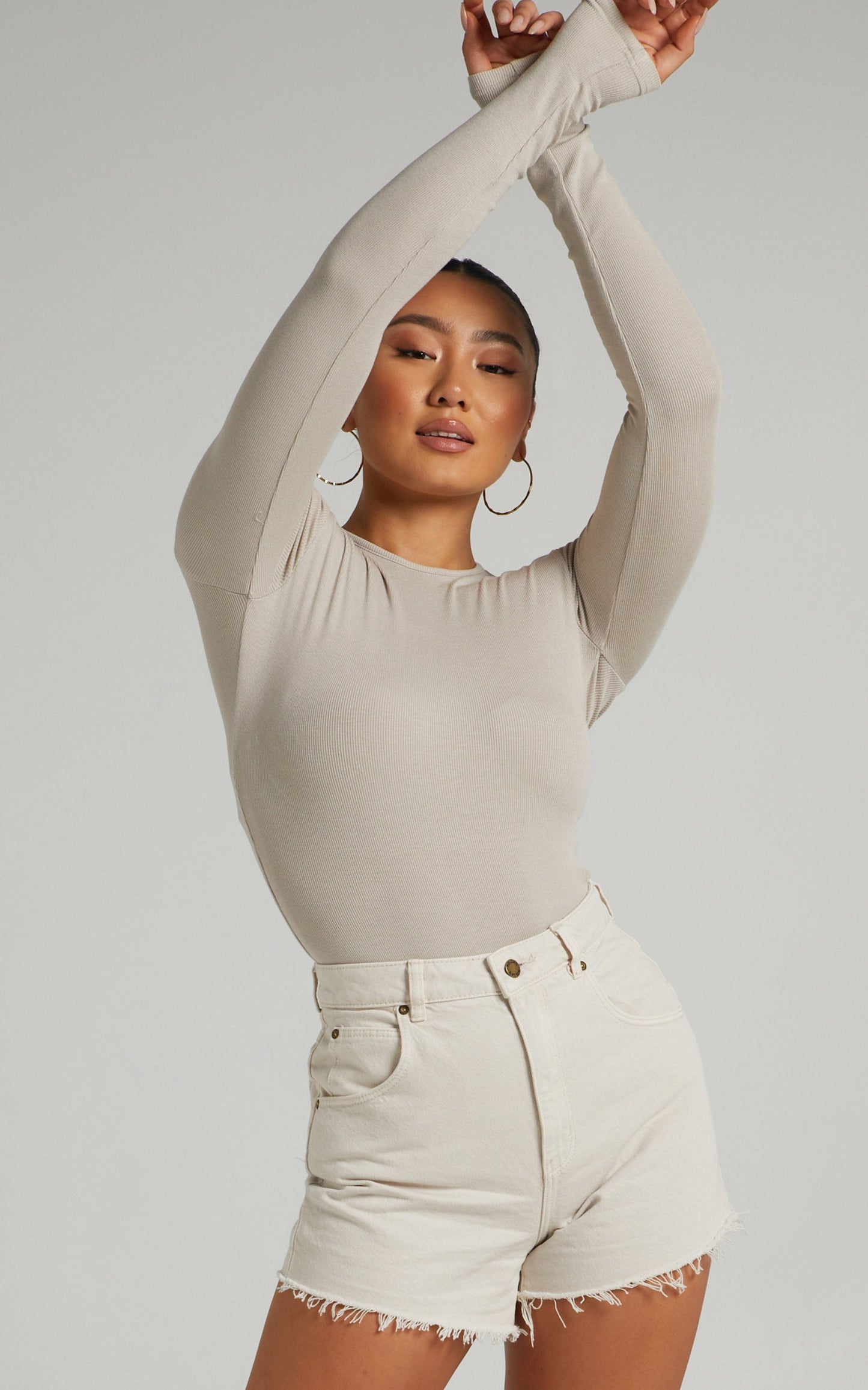 Billa Long Sleeve Ribbed Bodysuit in Light Grey