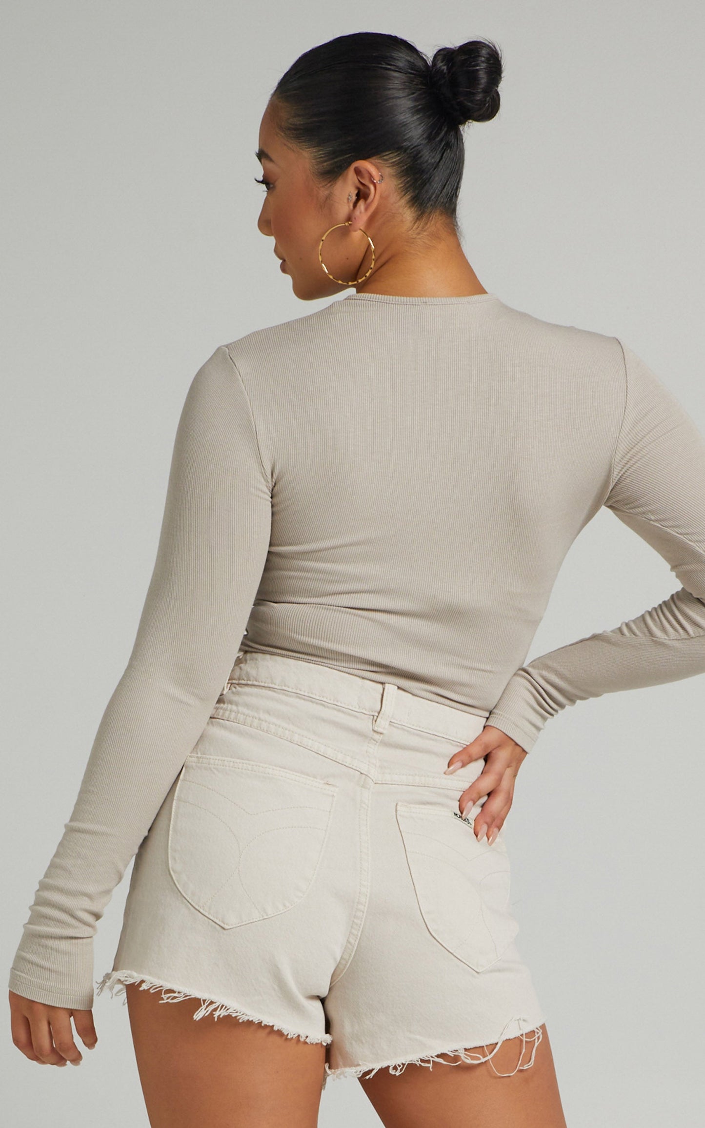 Billa Long Sleeve Ribbed Bodysuit in Light Grey