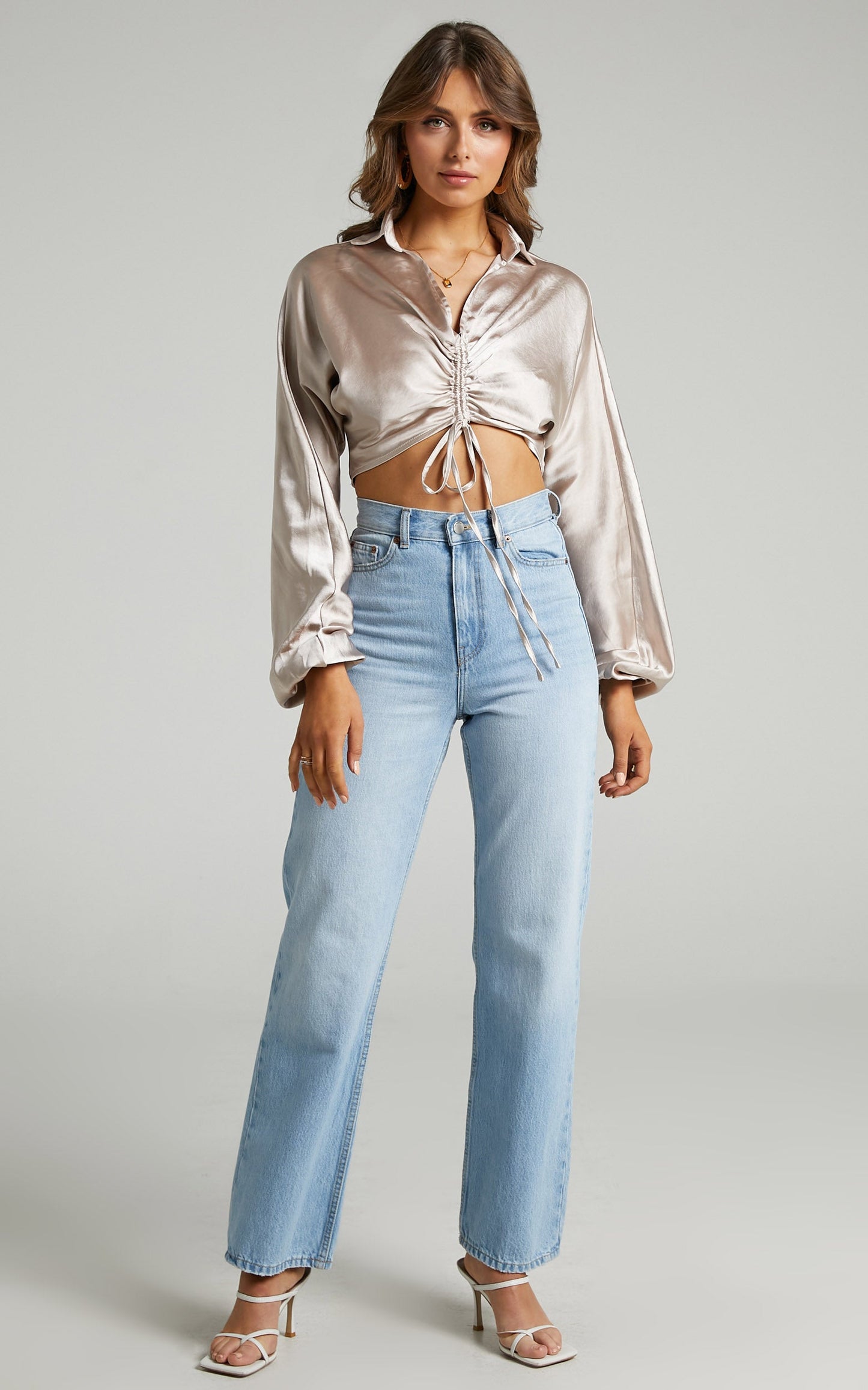 Rio Ruched Front Crop Top with Collar in Champagne Satin