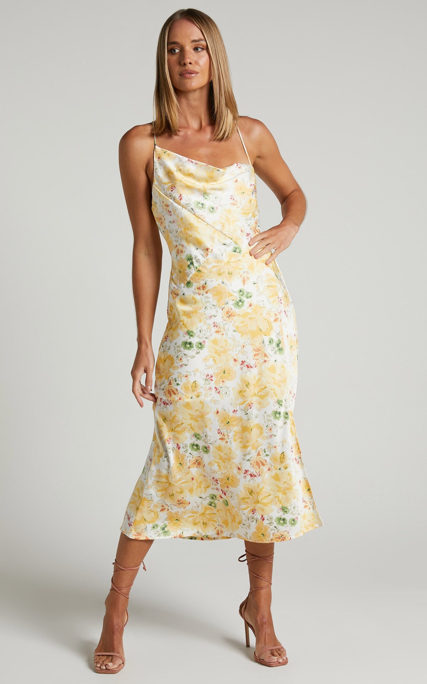 Rischa Midi Dress - Asymmetrical Cowl Neck Side Split Satin Dress in Yellow Floral