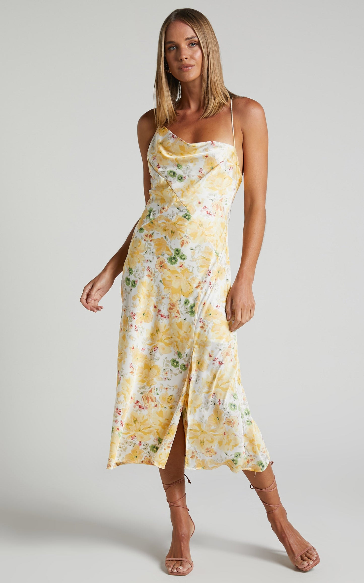 Rischa Midi Dress - Asymmetrical Cowl Neck Side Split Satin Dress in Yellow Floral