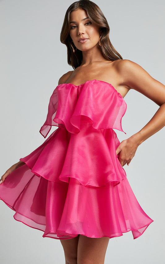 Ritta Mini Dress - Strapless Layered Dress in Hot Pink