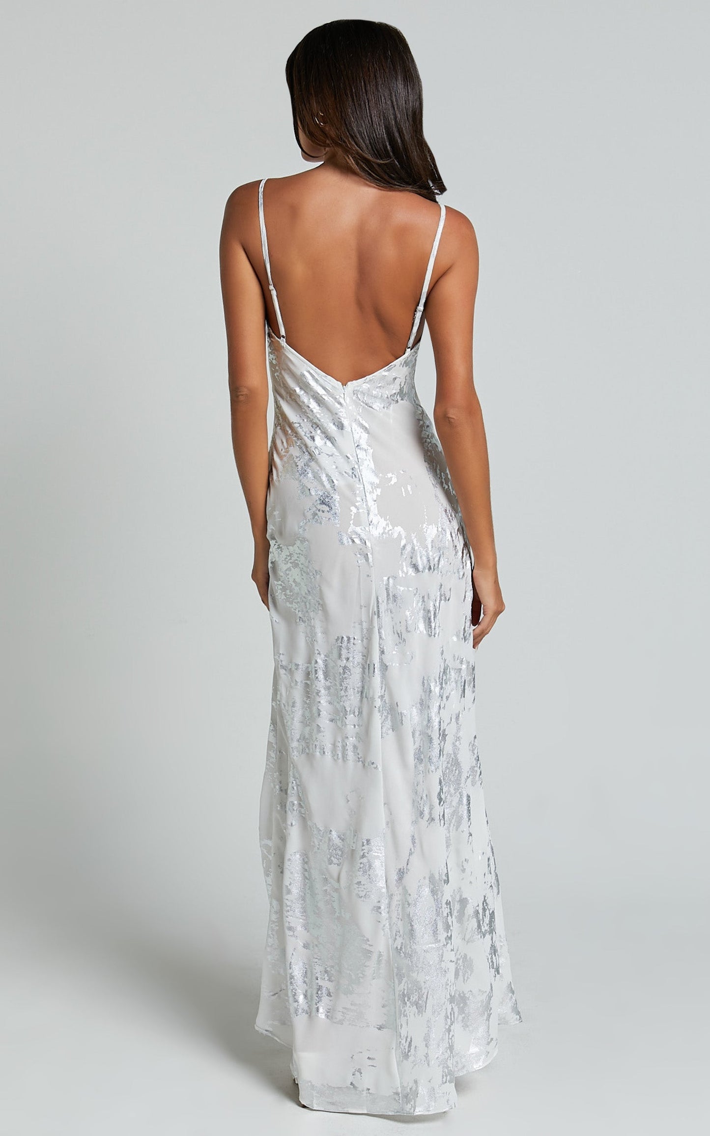 Robynne Maxi Dress - Strappy V Neck Slip Dress in White and Silver