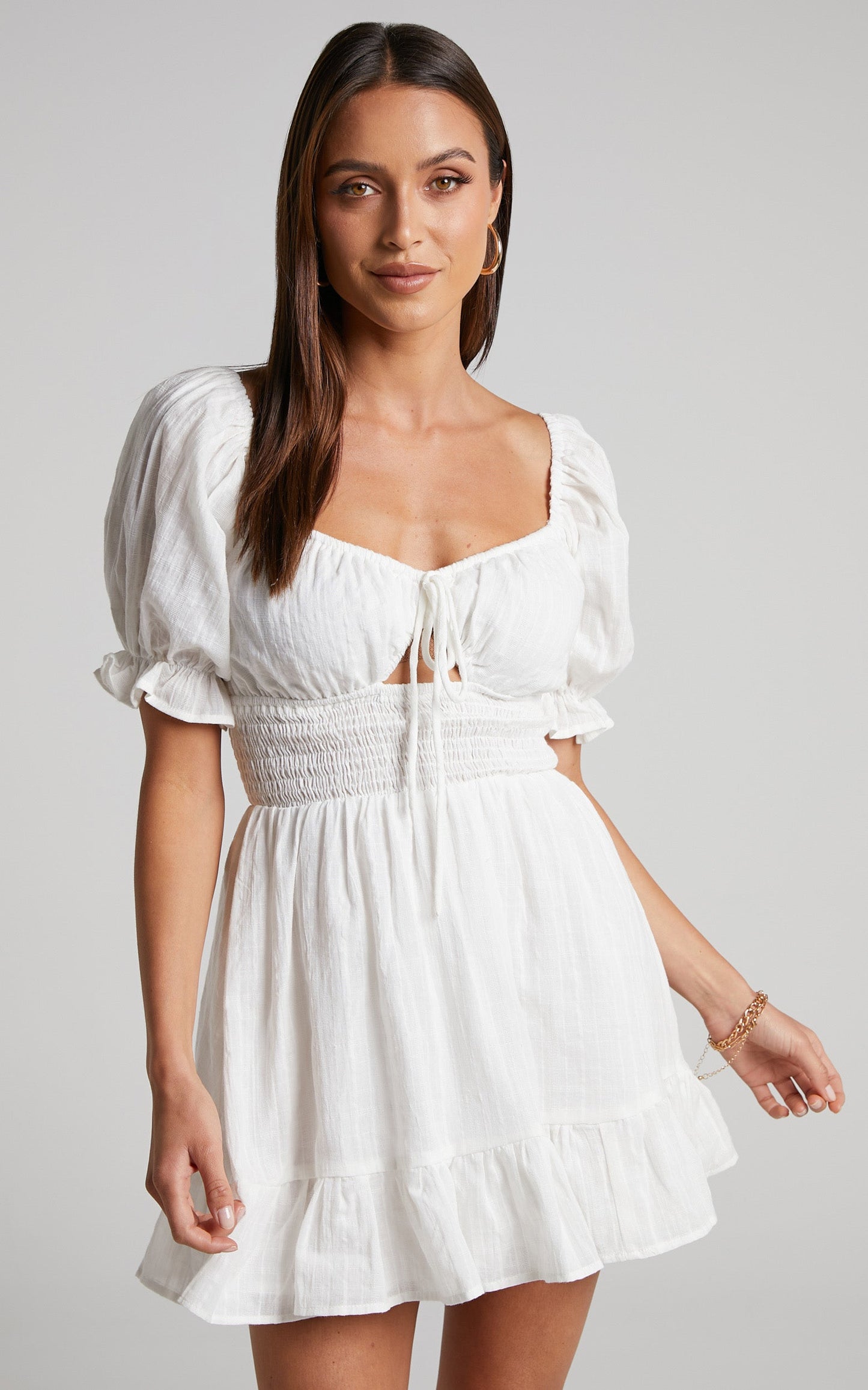 Roella Mini Dress - Shirred Waist Sweetheart Puff Sleeve Dress in White
