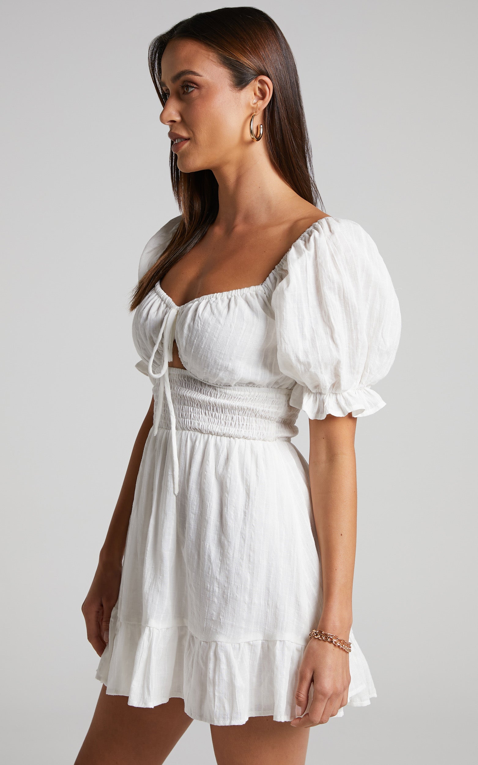 Roella Mini Dress - Shirred Waist Sweetheart Puff Sleeve Dress in White