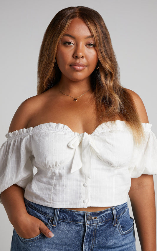 Roella Top - Sweetheart Tie Front Puff Sleeve Top in White